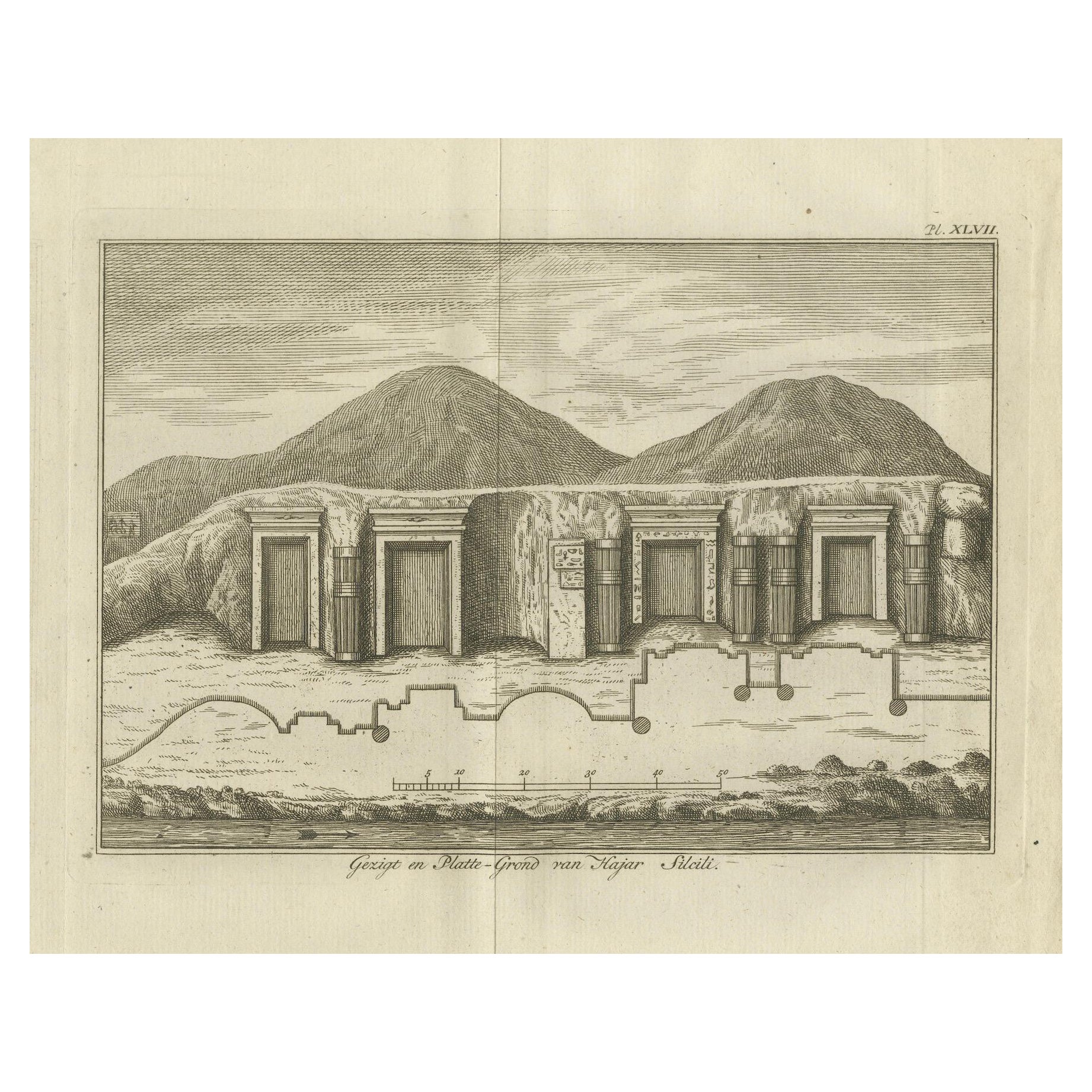Altägyptische Felsengräber bei Hajar Silsili - 1776 niederländischer Stich von Pococke im Angebot