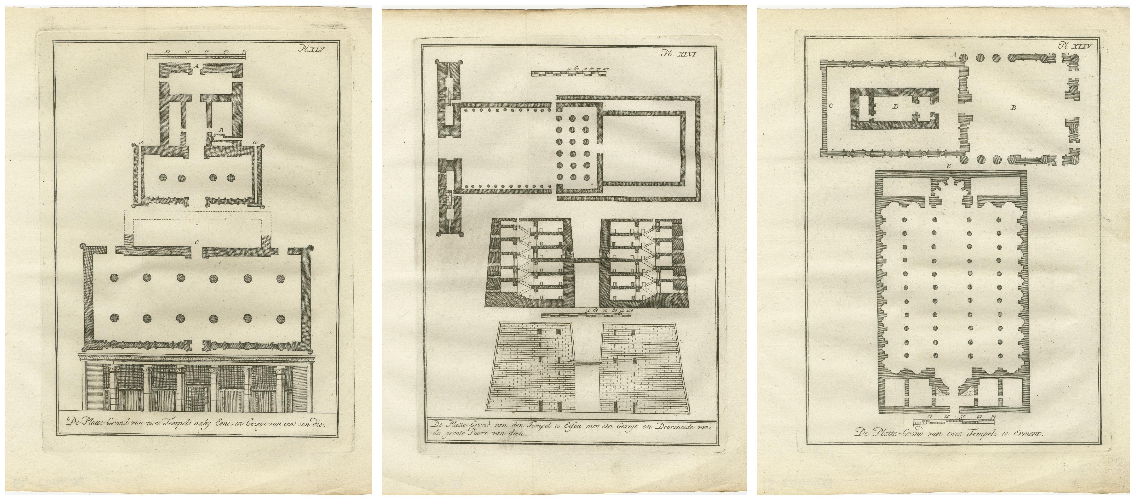 Plans des temples de l'Égypte ancienne - Edfou, Erment, Esna et Thèbes, c.1776 Gravures Bon état - En vente à Langweer, NL