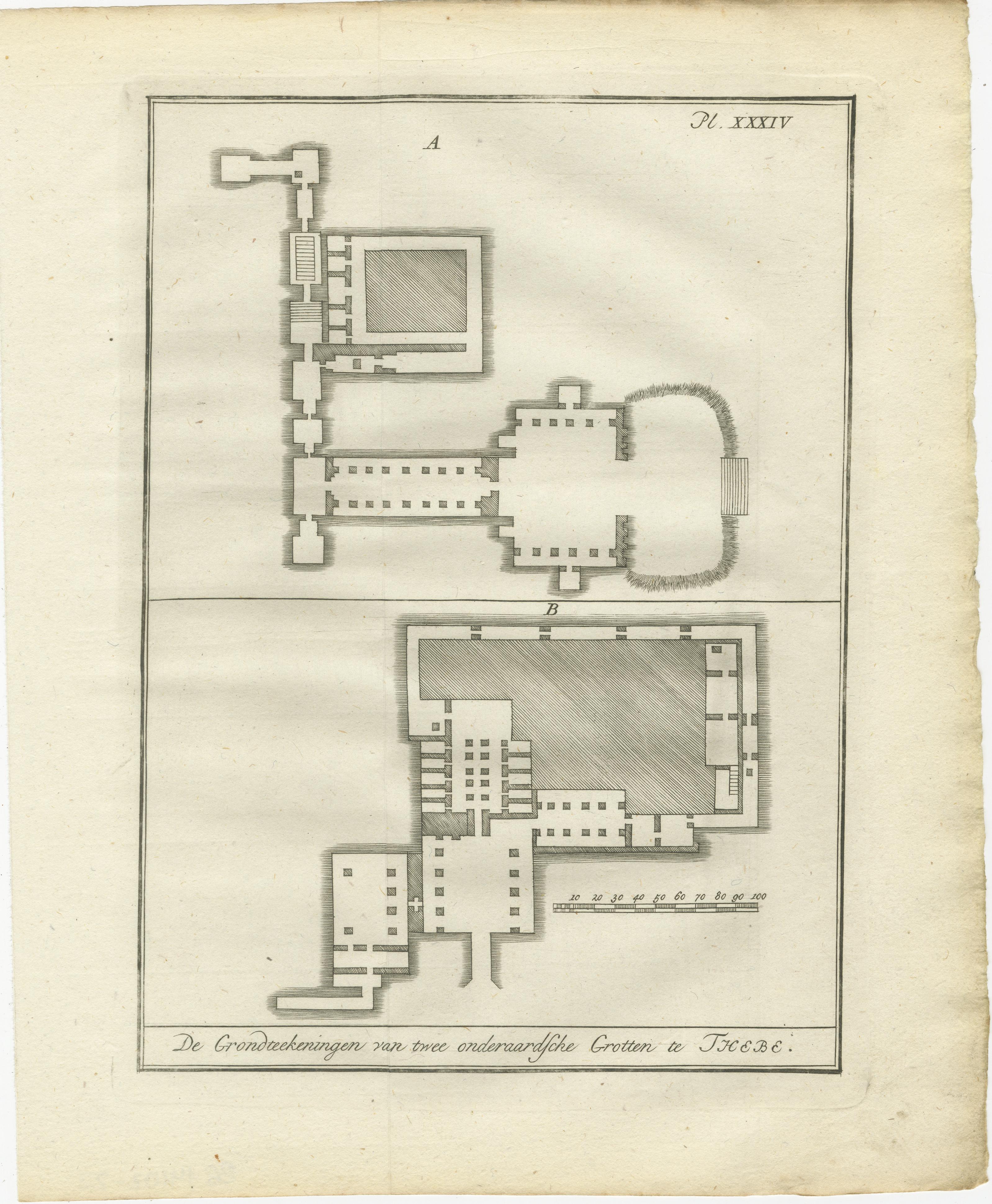 
Plans du sol des temples et tombes de l'Égypte ancienne - Thèbes, c.1790 Gravures

Description :
Cette paire de gravures anciennes présente des plans architecturaux méticuleusement détaillés de structures égyptiennes anciennes situées à Thèbes, une