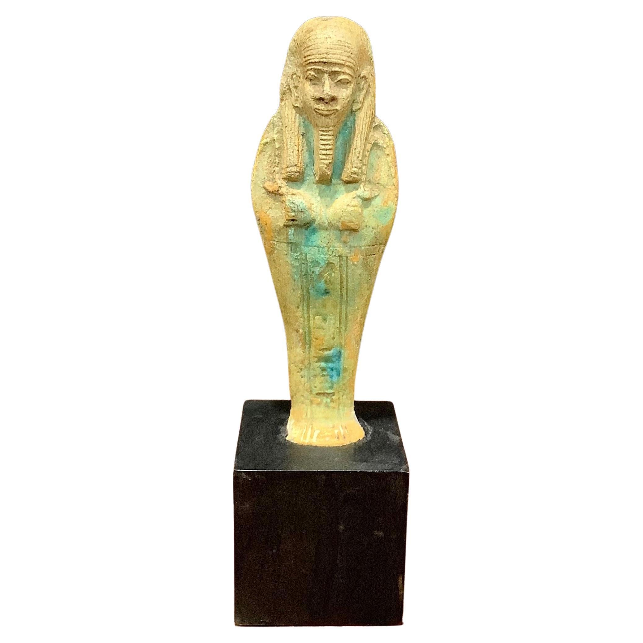 Ancient Egyptian Turquoise Glazed Faience Ushabti of the 26th Dynasty For Sale