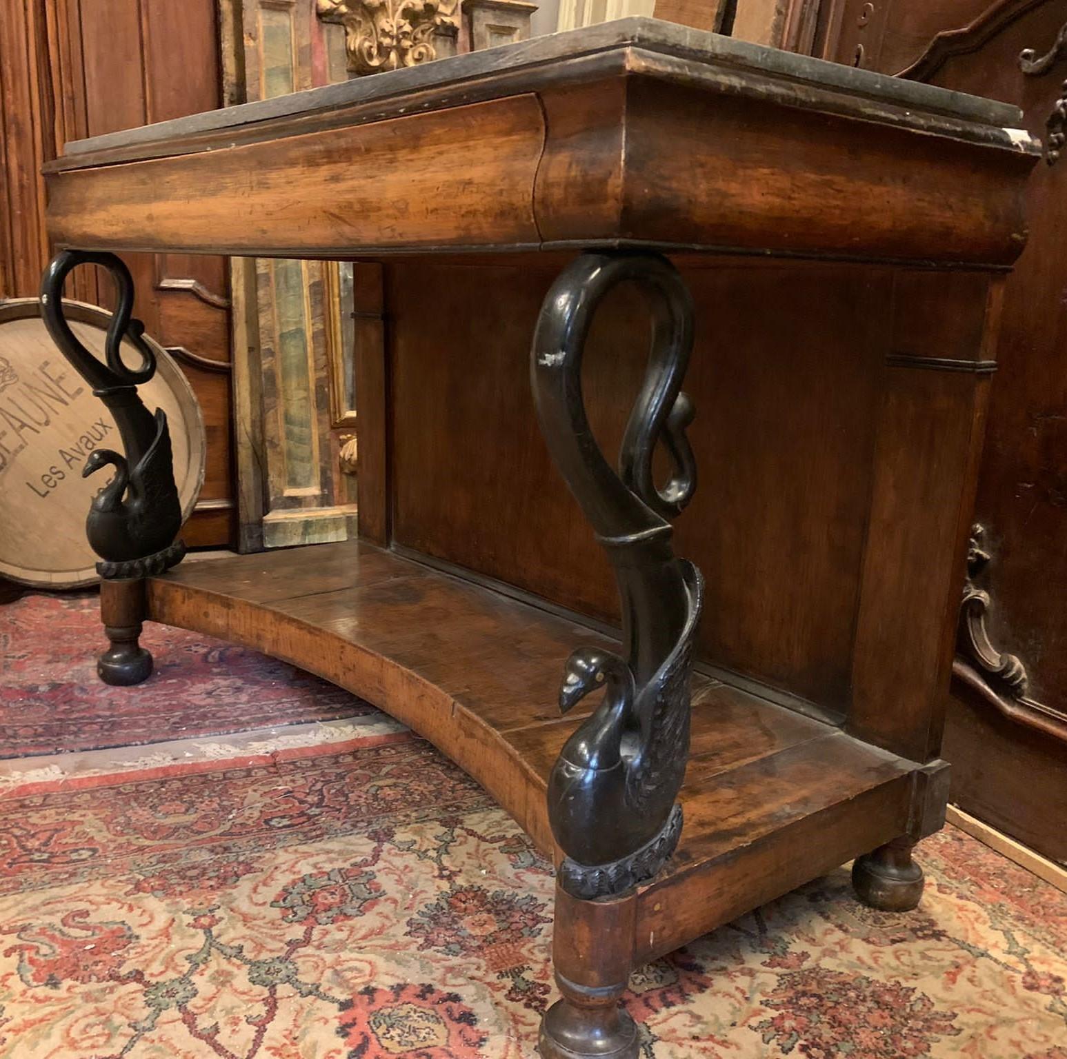 Italian Ancient Empire console, in walnut root with carved swans, Italy