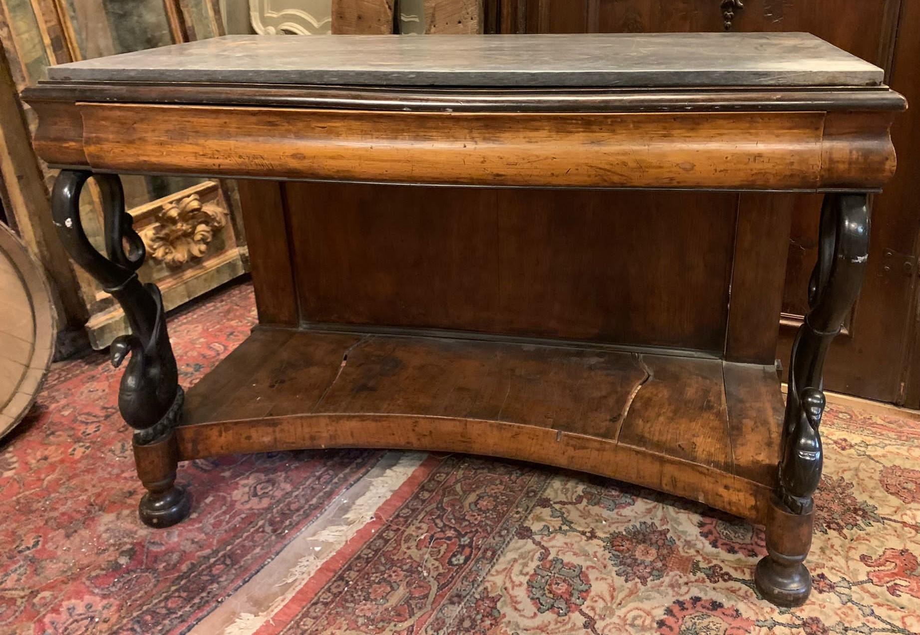 Ancient Empire console, in walnut root with carved swans, Italy In Good Condition In Cuneo, Italy (CN)
