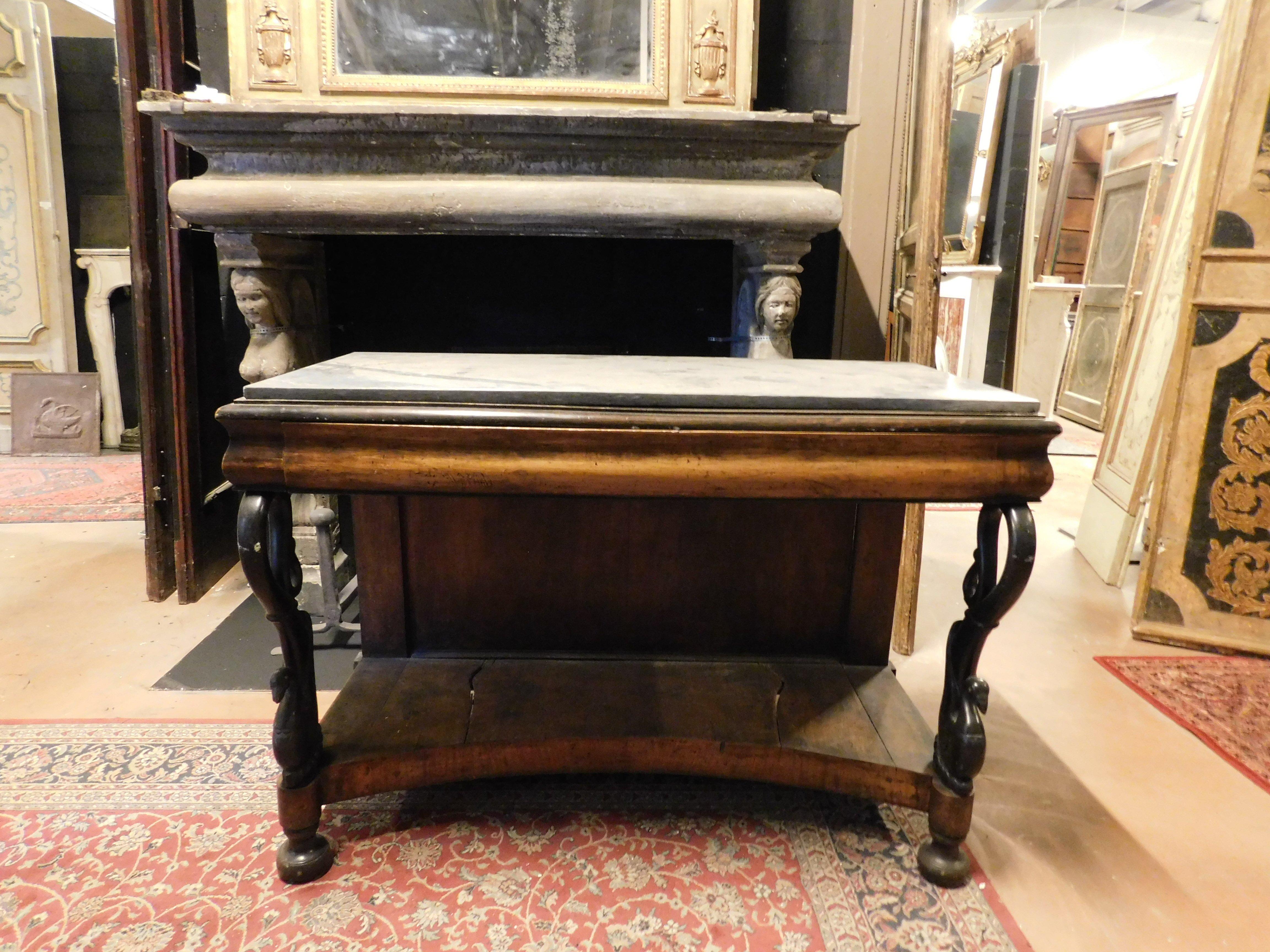 19th Century Ancient Empire console, in walnut root with carved swans, Italy
