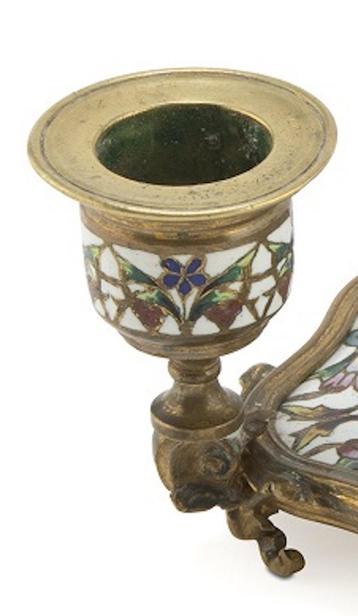 French Ancient Enamel Candlestick by Alphonse Giroux, France, Late 19th Century