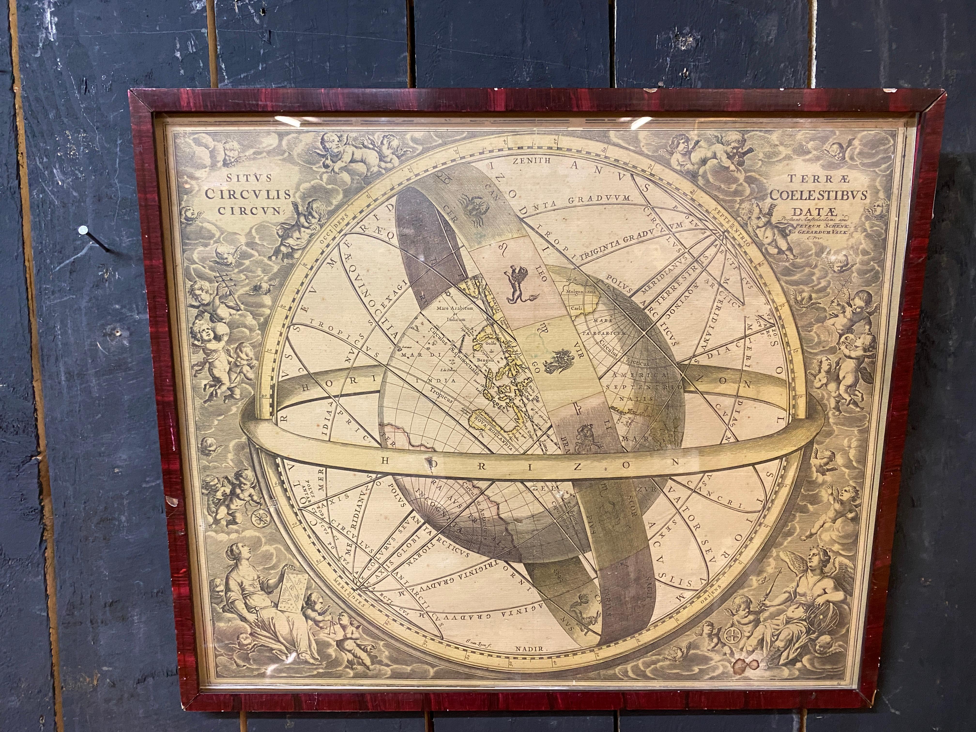 Antike Gravur, Karte der Erde mit kreisendem Zodiac  im Angebot 3