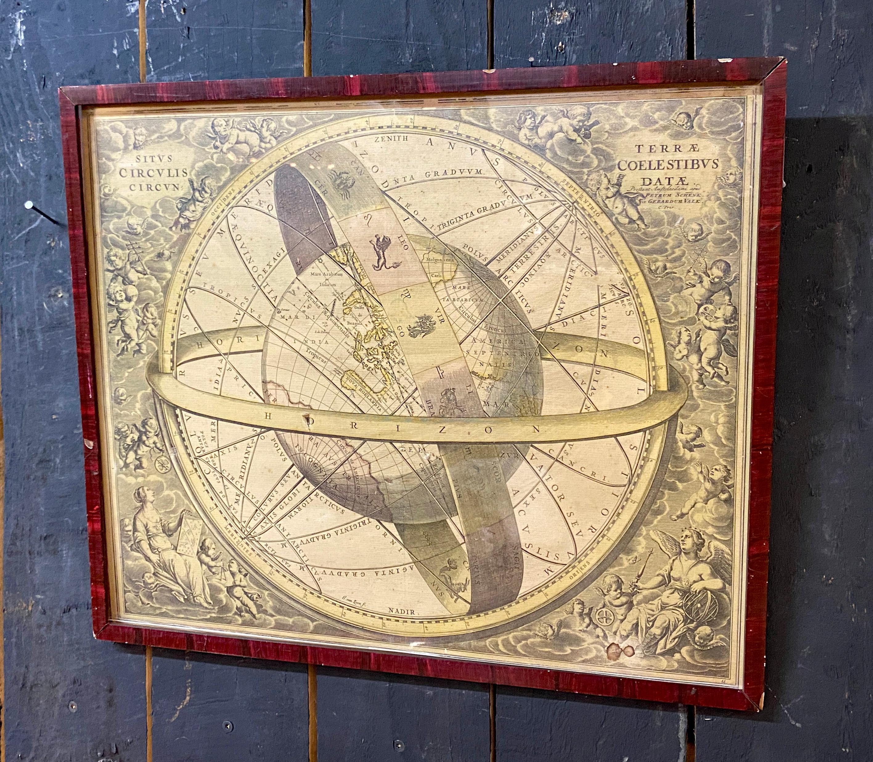 Gravure ancienne, carte de la terre avec le zodiac en cercle 