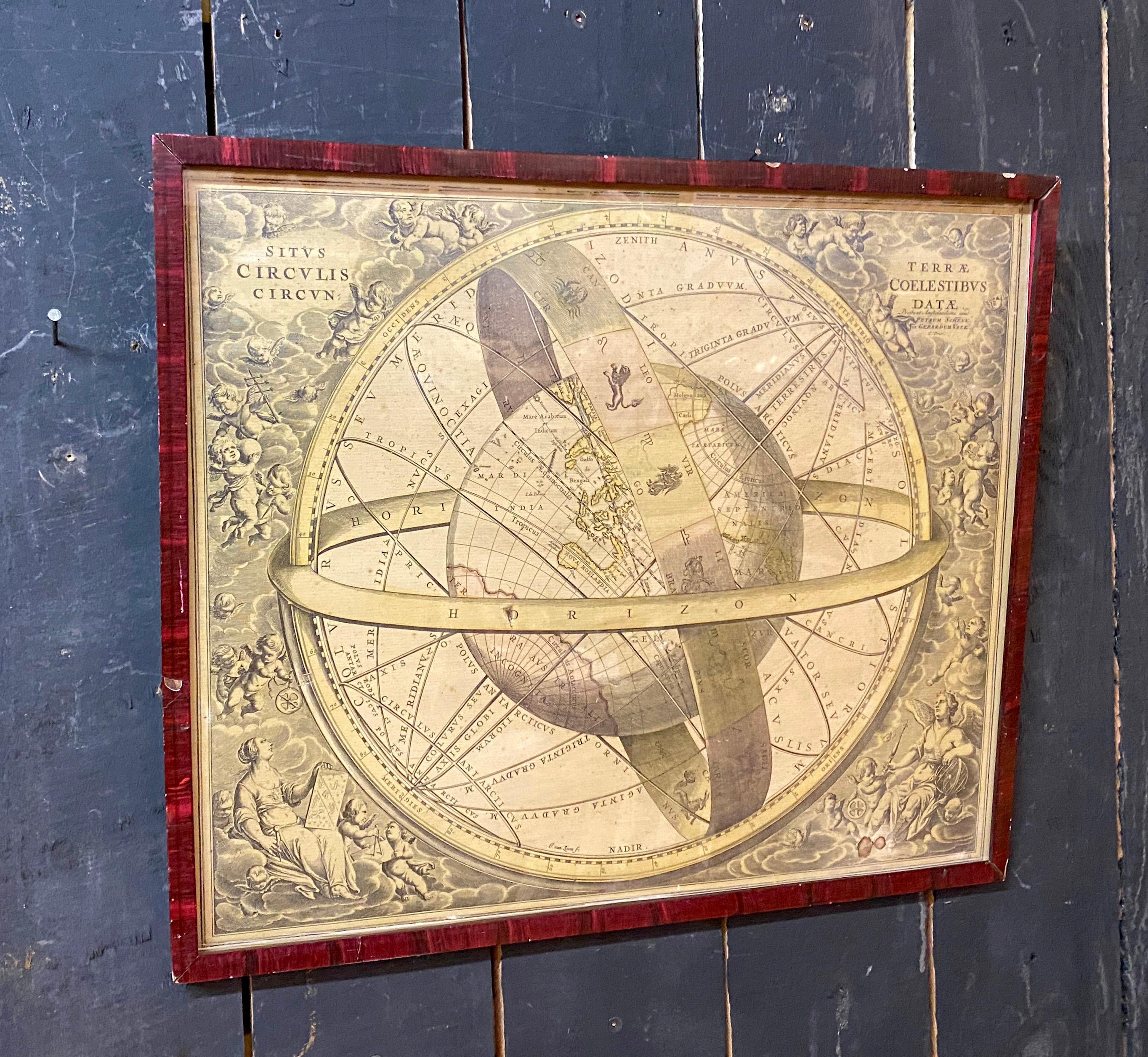 Antike Gravur, Karte der Erde mit kreisendem Zodiac  (Internationaler Stil) im Angebot