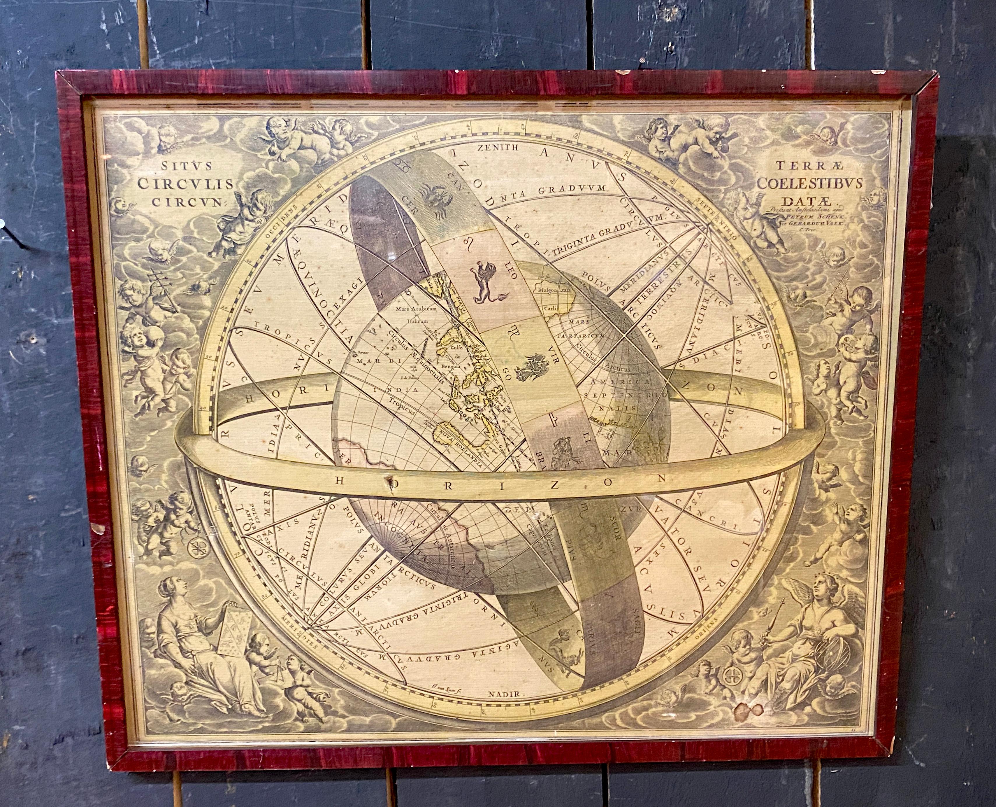 Européen Gravure ancienne, carte de la terre avec cercle du Zodiac  en vente