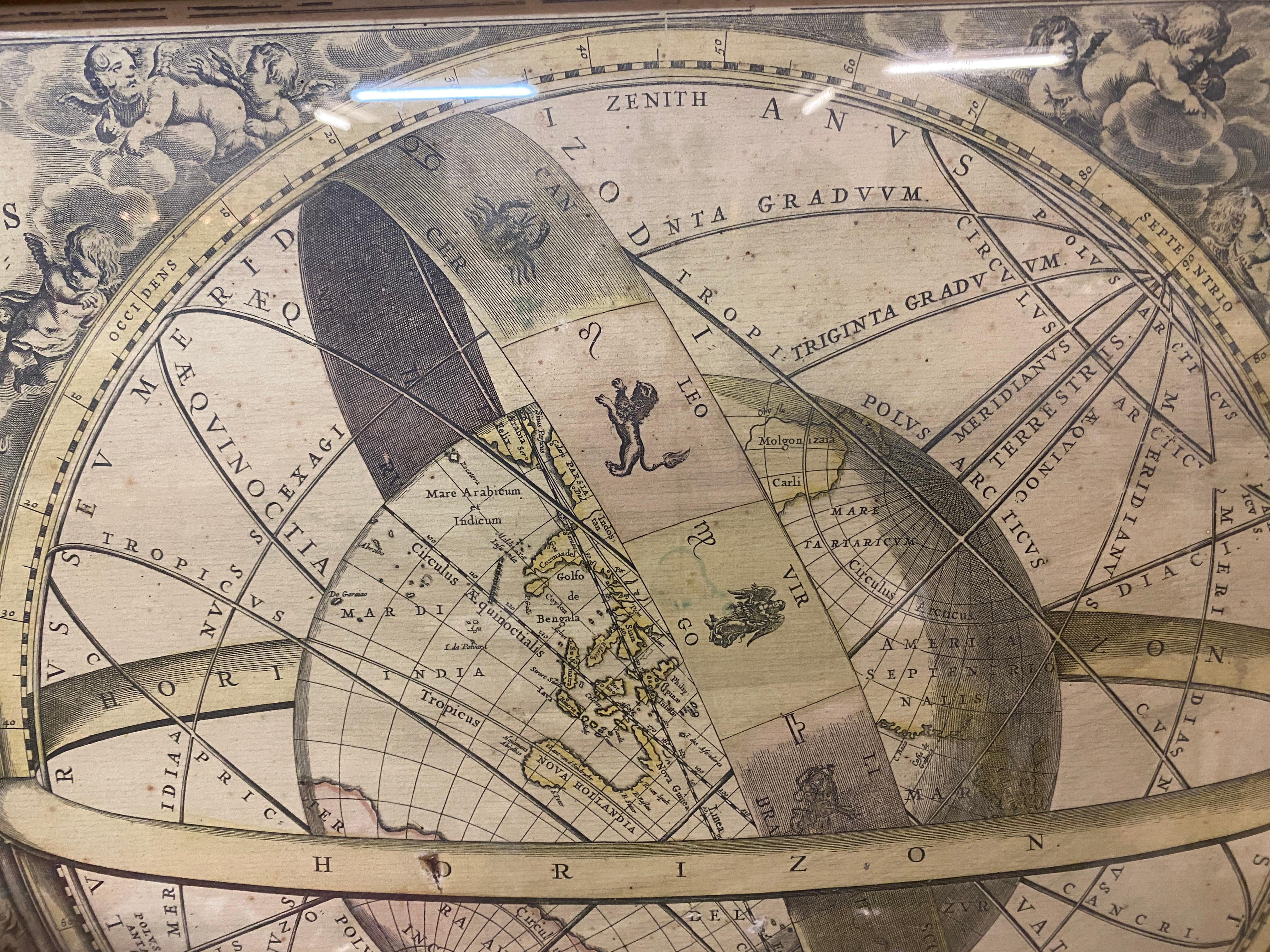 Engraved Ancient engraving, map of the earth with circling zodiac  For Sale