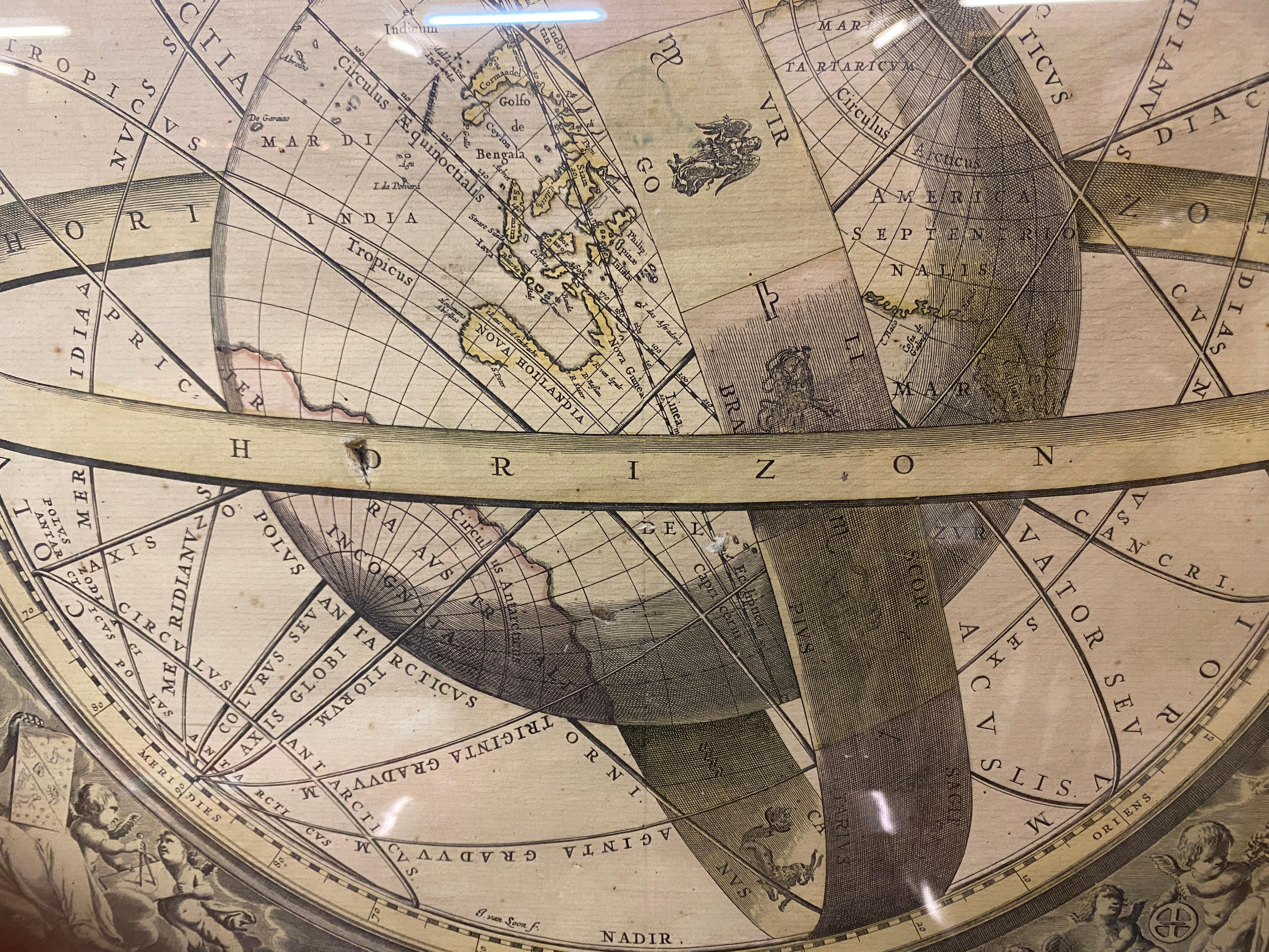 Antike Gravur, Karte der Erde mit kreisendem Zodiac  im Zustand „Gut“ im Angebot in Saint-Ouen, FR