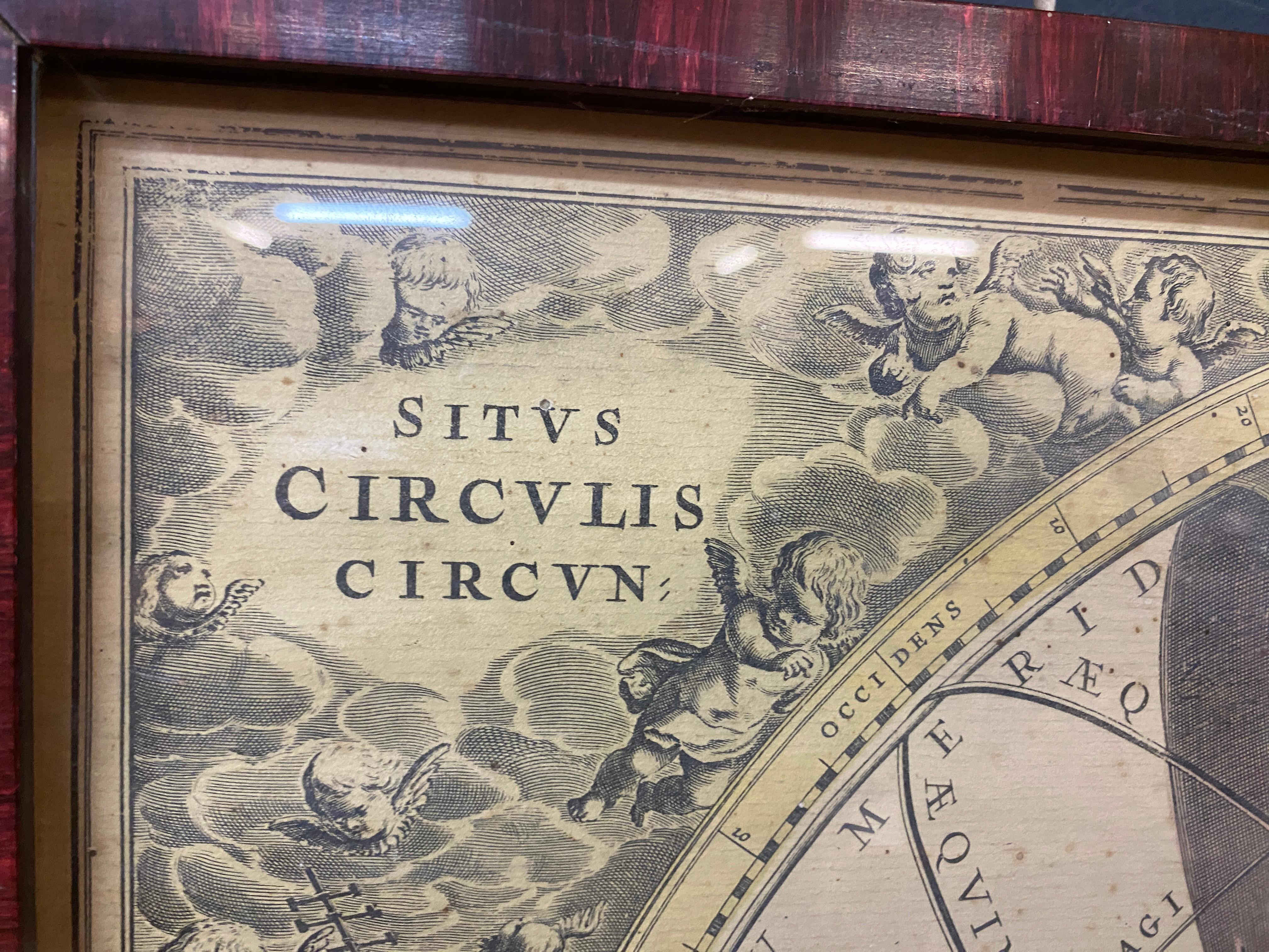 Gravure ancienne, carte de la terre avec cercle du Zodiac  en vente 1