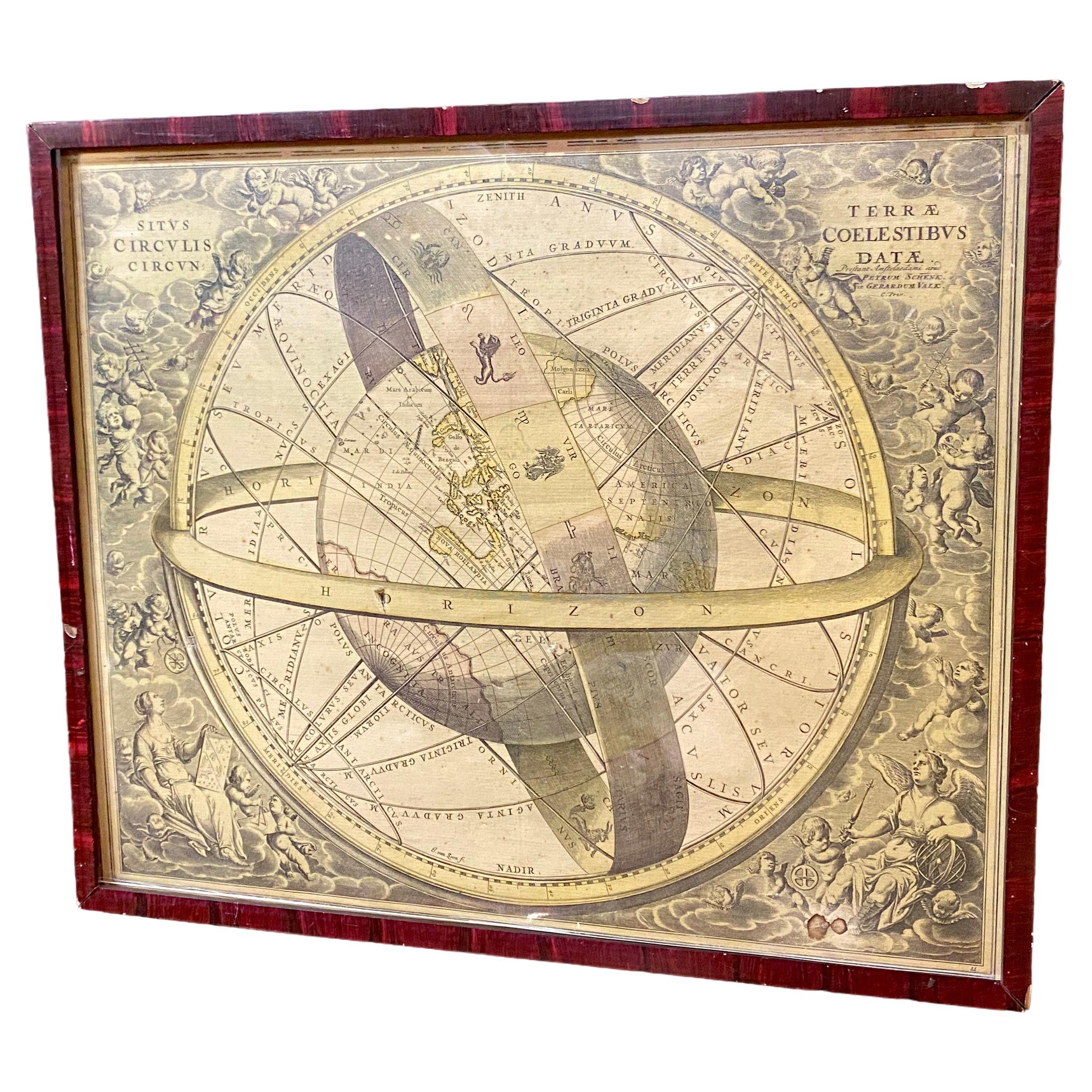 Gravure ancienne, carte de la terre avec cercle du Zodiac 