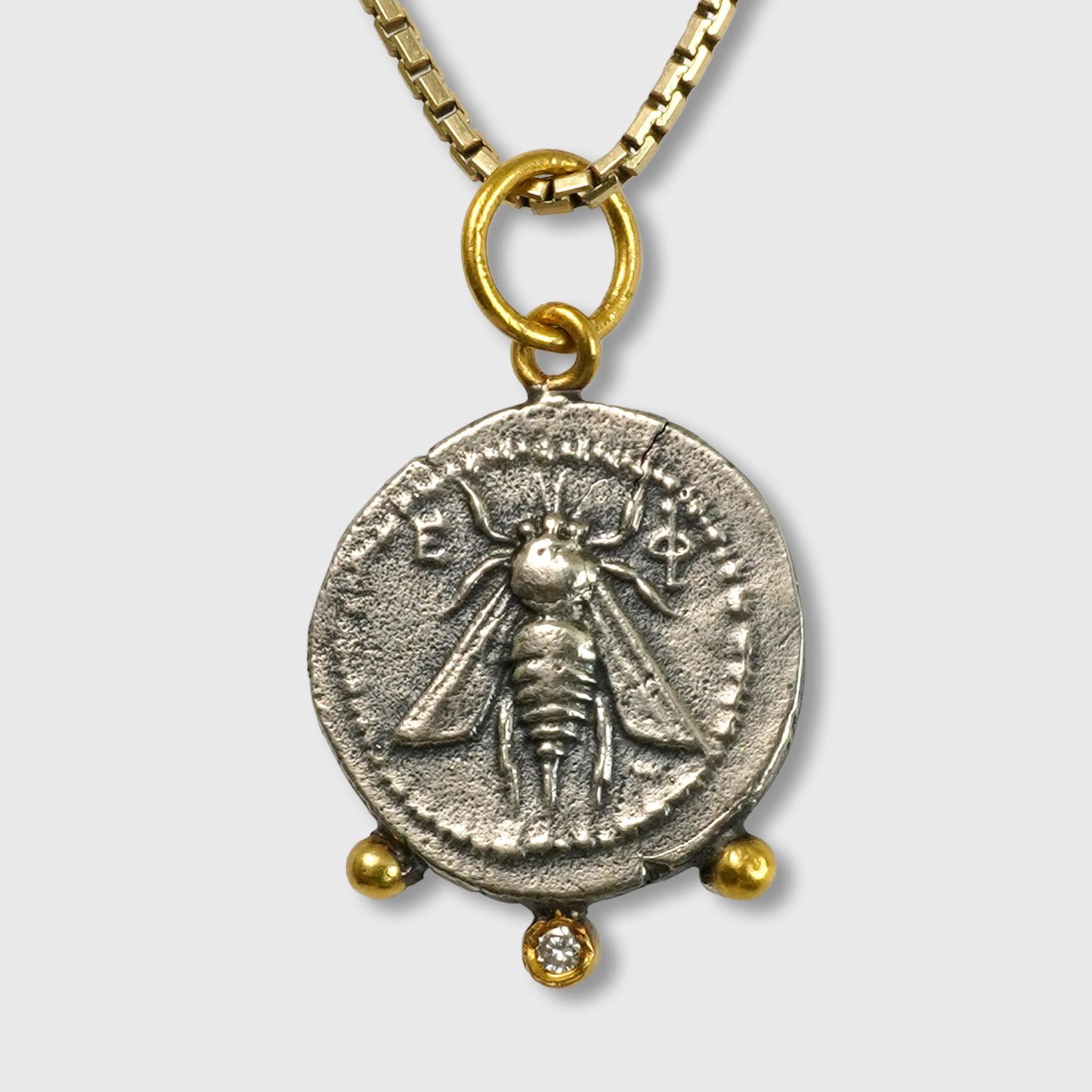 Classical Greek Ancient Ephesus Queen Bee Coin Replica Charm Pendant 24K Gold 925 0.02ct Diamond
