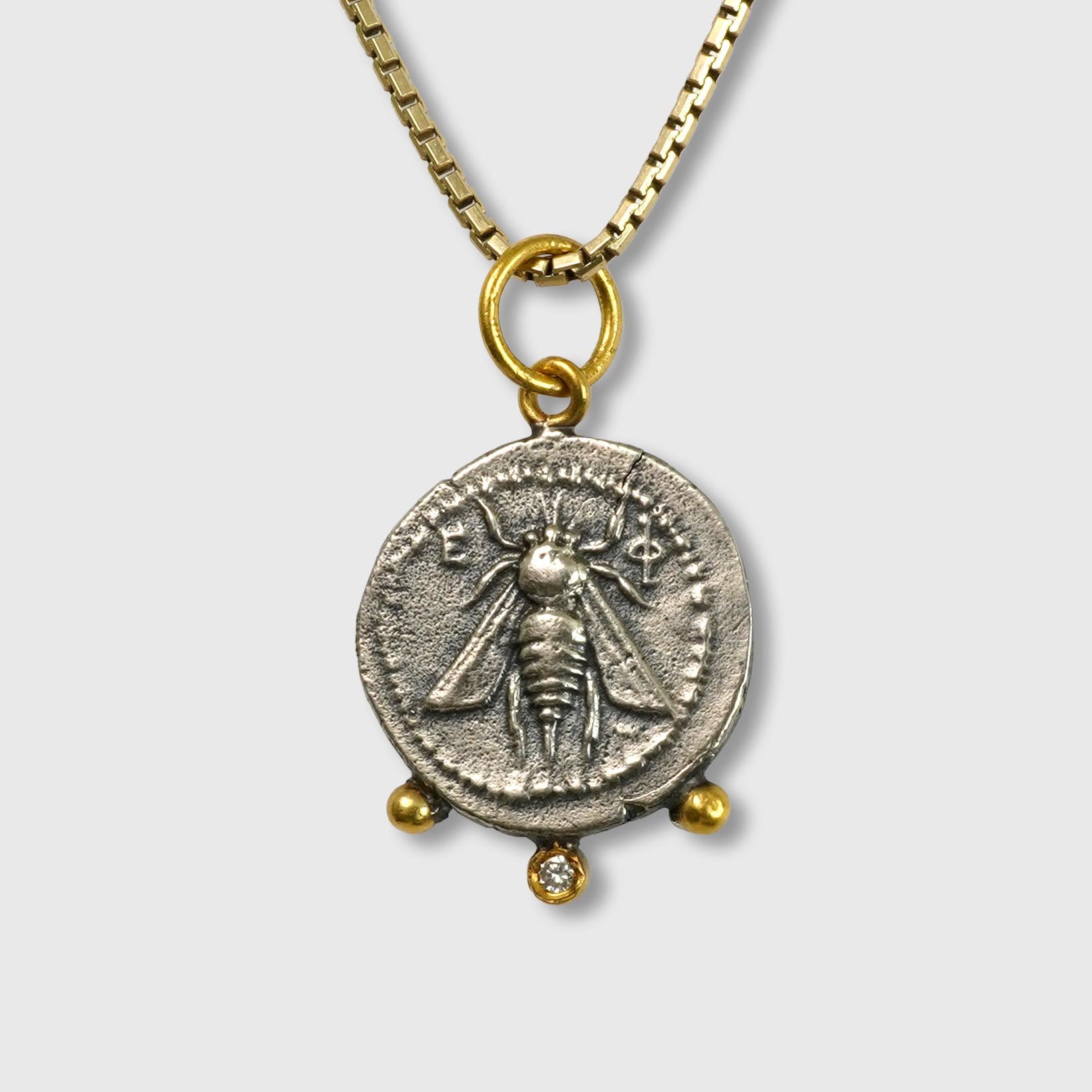 Round Cut Ancient Ephesus Queen Bee Coin Replica Charm Pendant 24K Gold 925 0.02ct Diamond