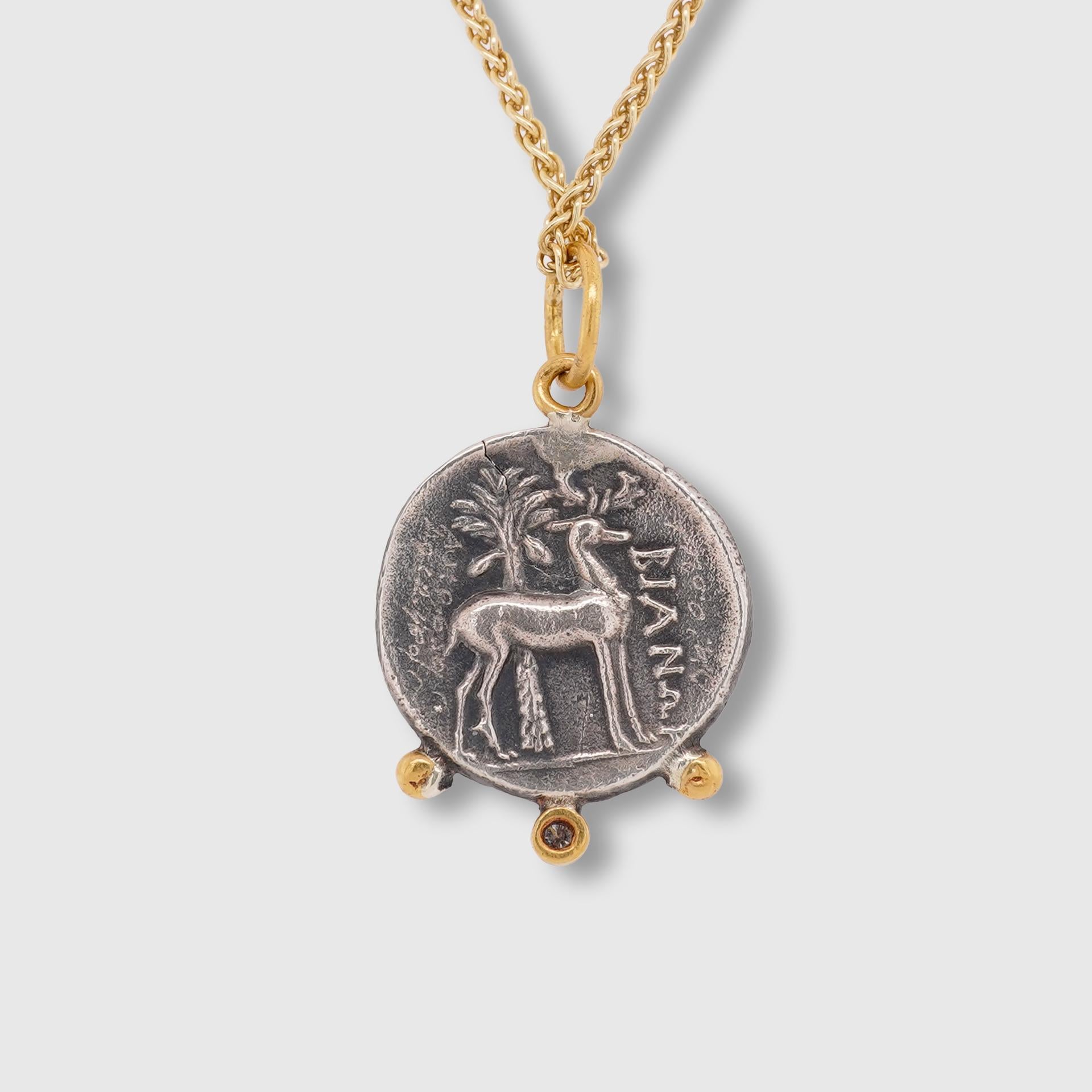 Women's or Men's Ancient Ephesus Queen Bee Coin Replica Charm Pendant 24K Gold 925 0.02ct Diamond