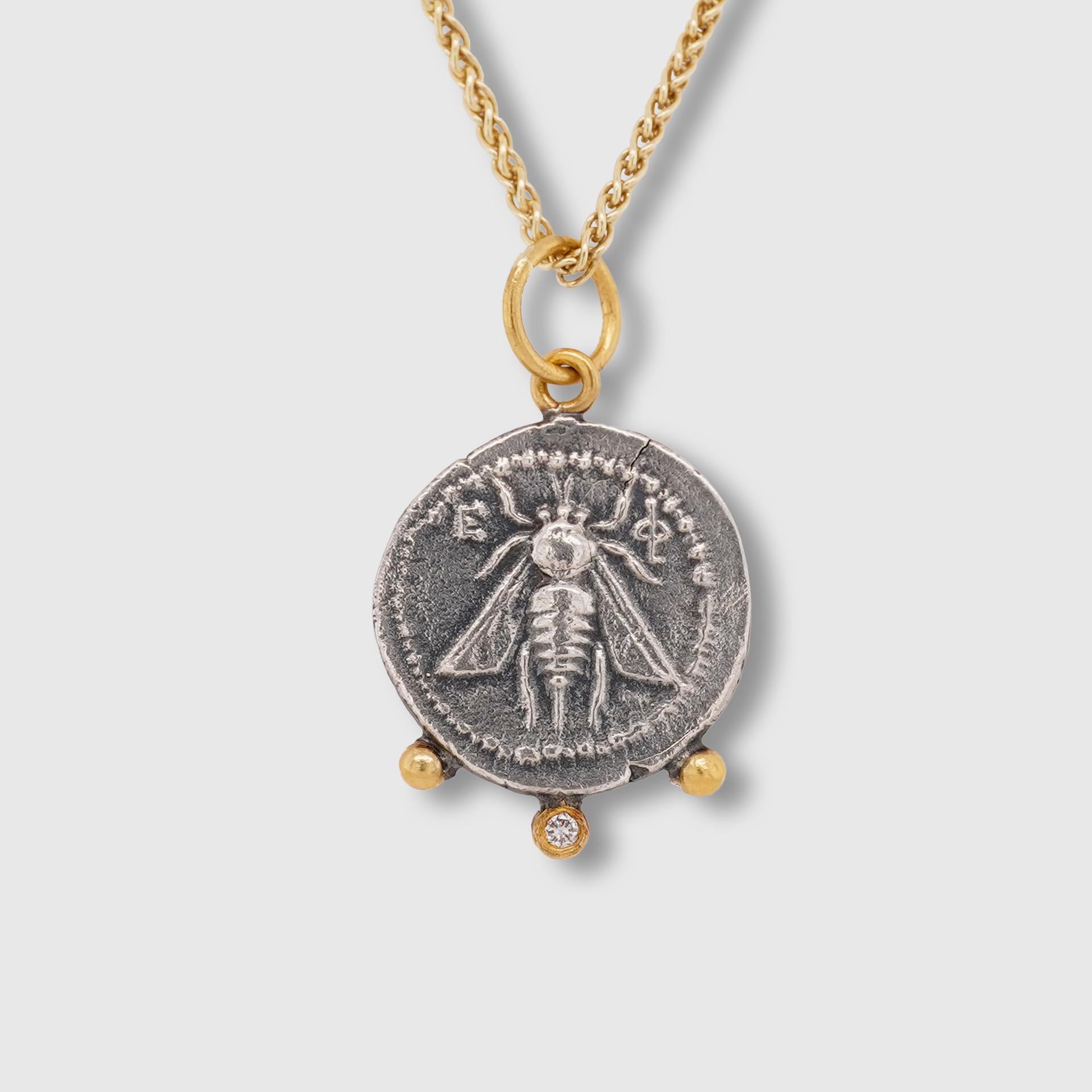 Ancient Ephesus Queen Bee Coin Replica Charm Pendant 24K Gold 925 0.02ct Diamond 1