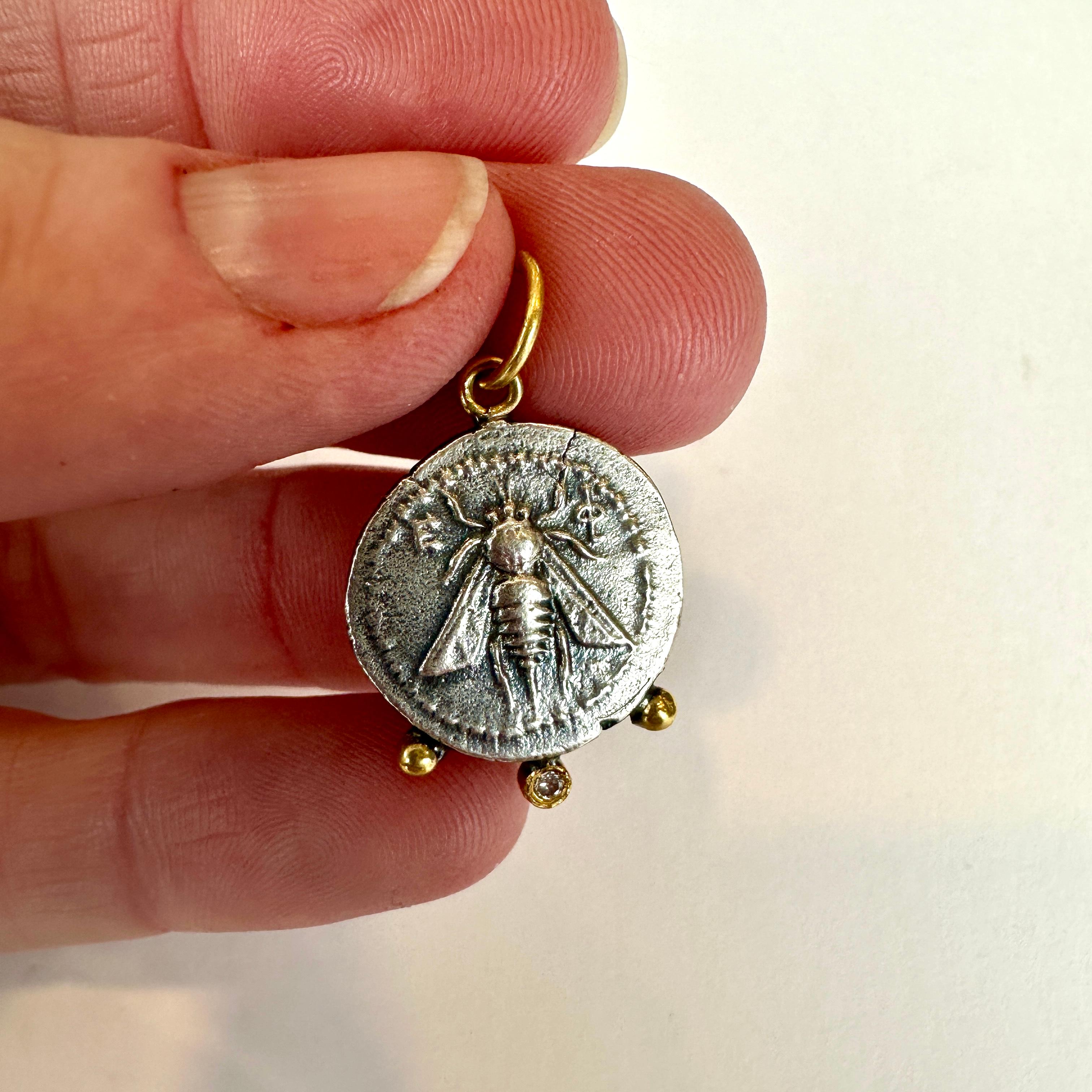 Ancient Ephesus Queen Bee Coin Replica Charm Pendant 24K Gold 925 0.02ct Diamond 2