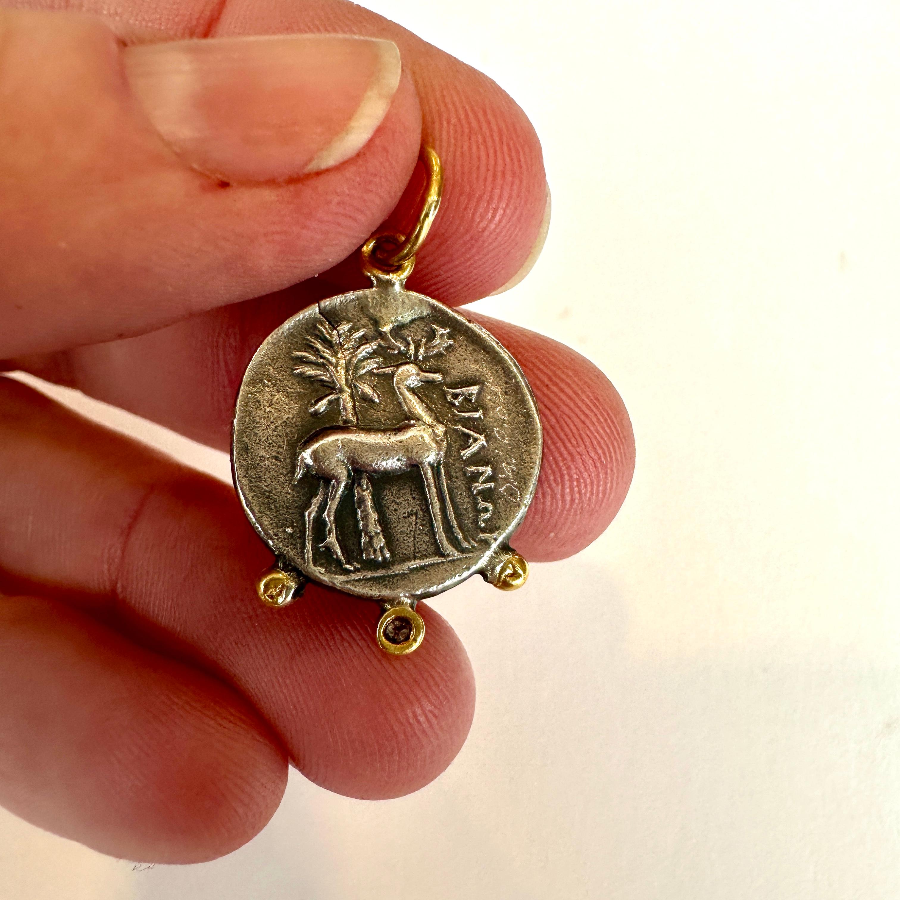 Ancient Ephesus Queen Bee Coin Replica Charm Pendant 24K Gold 925 0.02ct Diamond 3