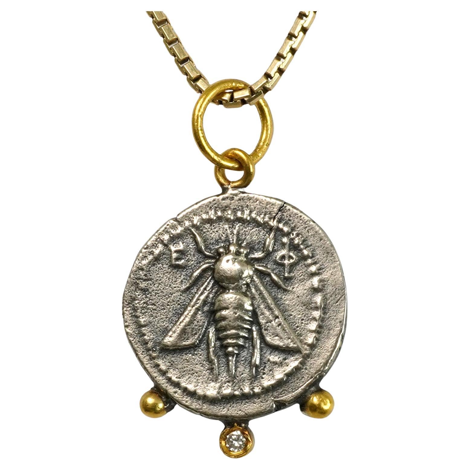 Ancient Ephesus Queen Bee Coin Replica Charm Pendant 24K Gold 925 0.02ct Diamond
