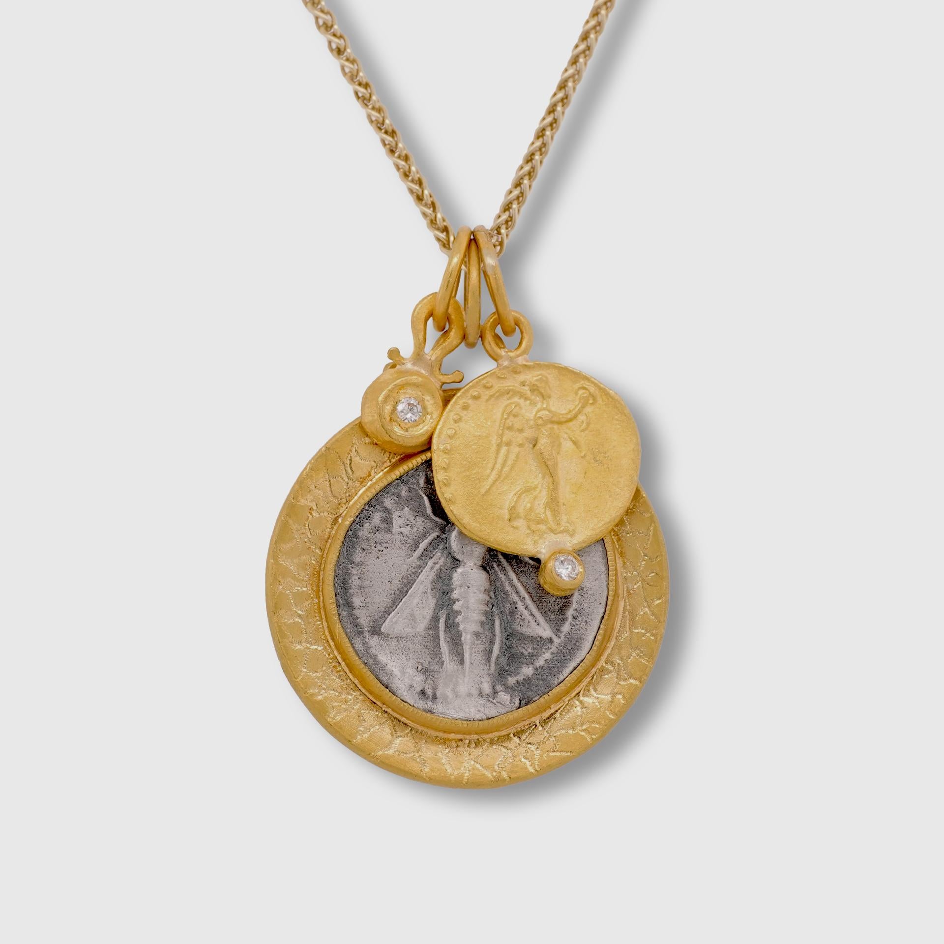 Classical Greek Ancient Ephesus Queen Bee Tetradrachm Coin Replica Pendant, 24K Gold & Silver For Sale