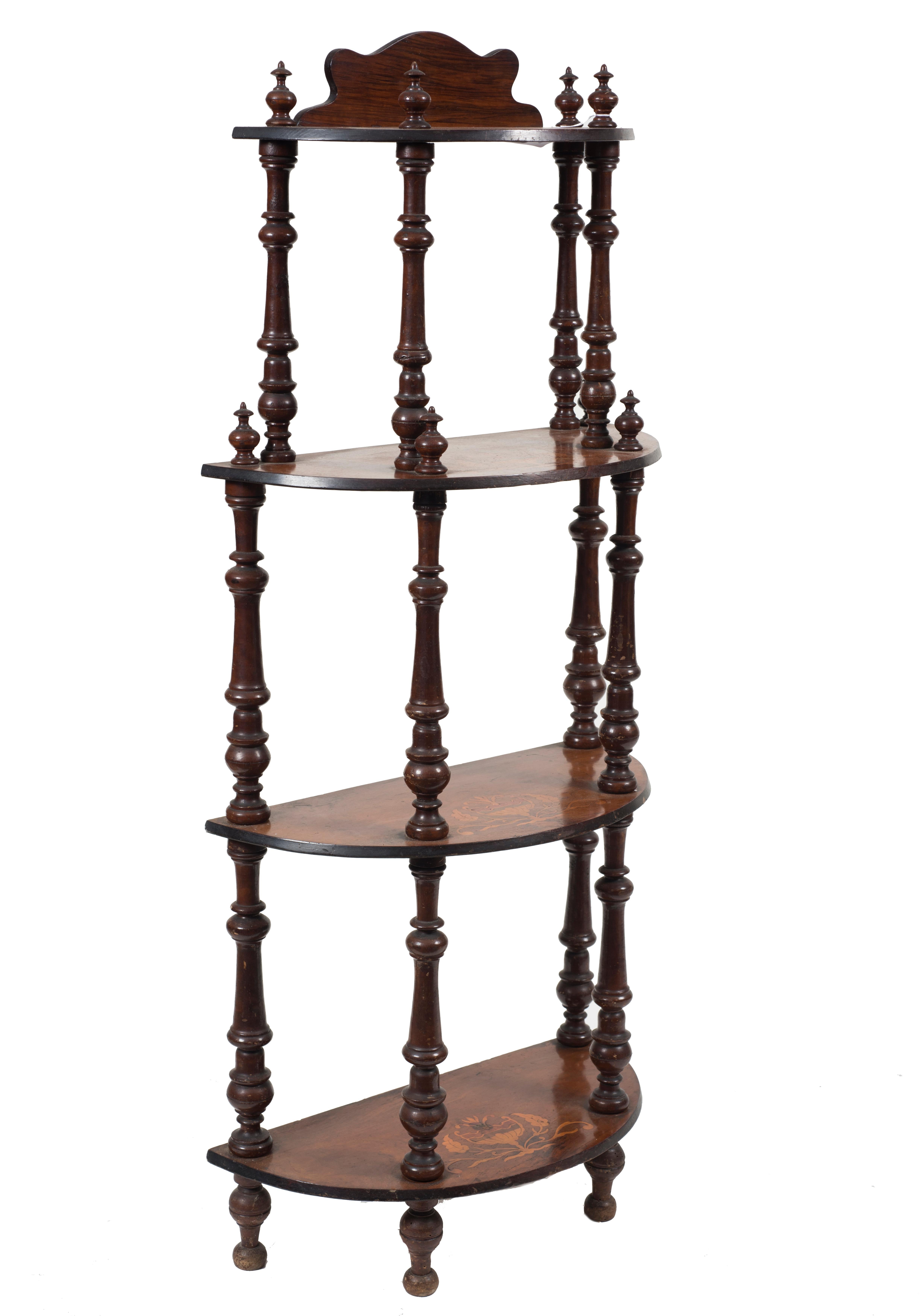 Ancient étagère in veneer walnut and inlaid with light woods, 4 shelves connected with small columns, Italy, 19th century.
Good conditions.

This object is shipped from Italy. Under existing legislation, any object in Italy created over 70 years