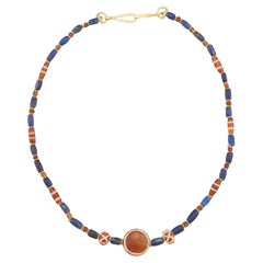 Antique Ancient Etched Carnelian Eye Bead with Lapis Lazuli, 22k Gold, Handmade Clasp