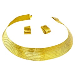 Ancient Etruscan Style Classical Greek 22k Woven Gold Necklace and Earrings