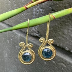 "Ancient Evenings" Natural Kyanite Wire Dangle Earrings in Textured 14K Gold