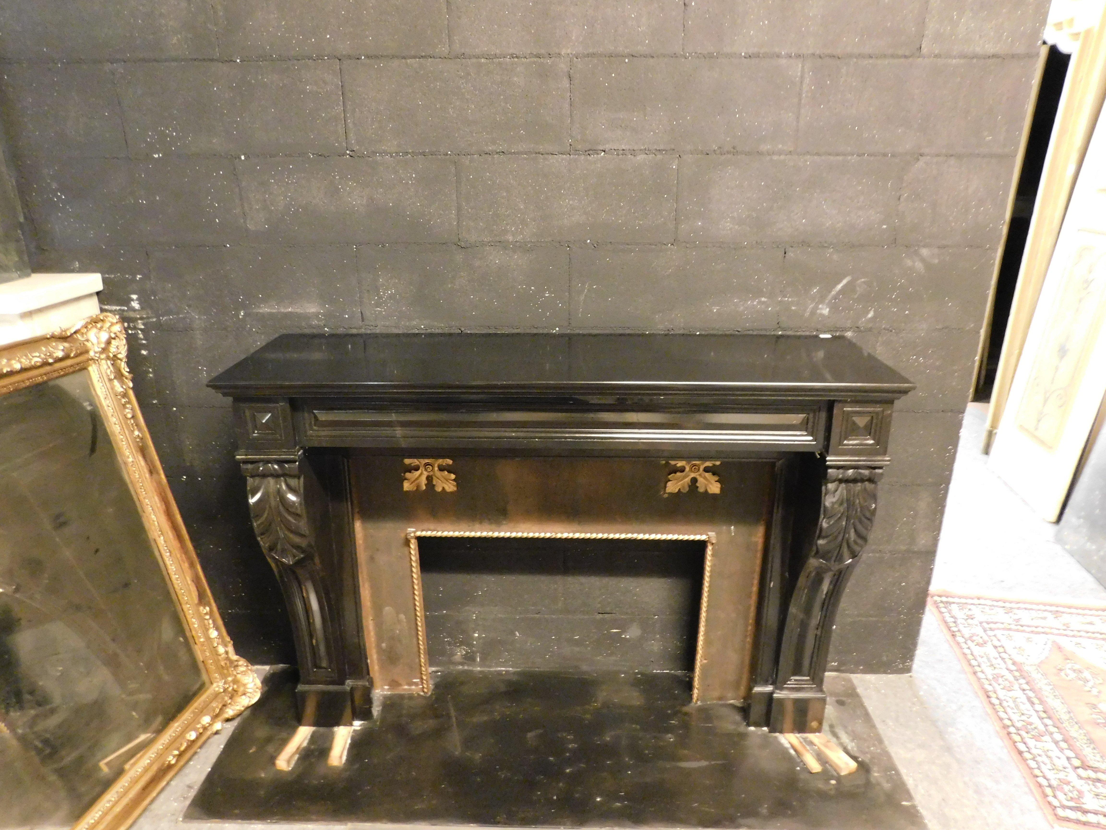 Italian Ancient Fireplace in Carved Black Marble, from the 19th Century, Italy For Sale