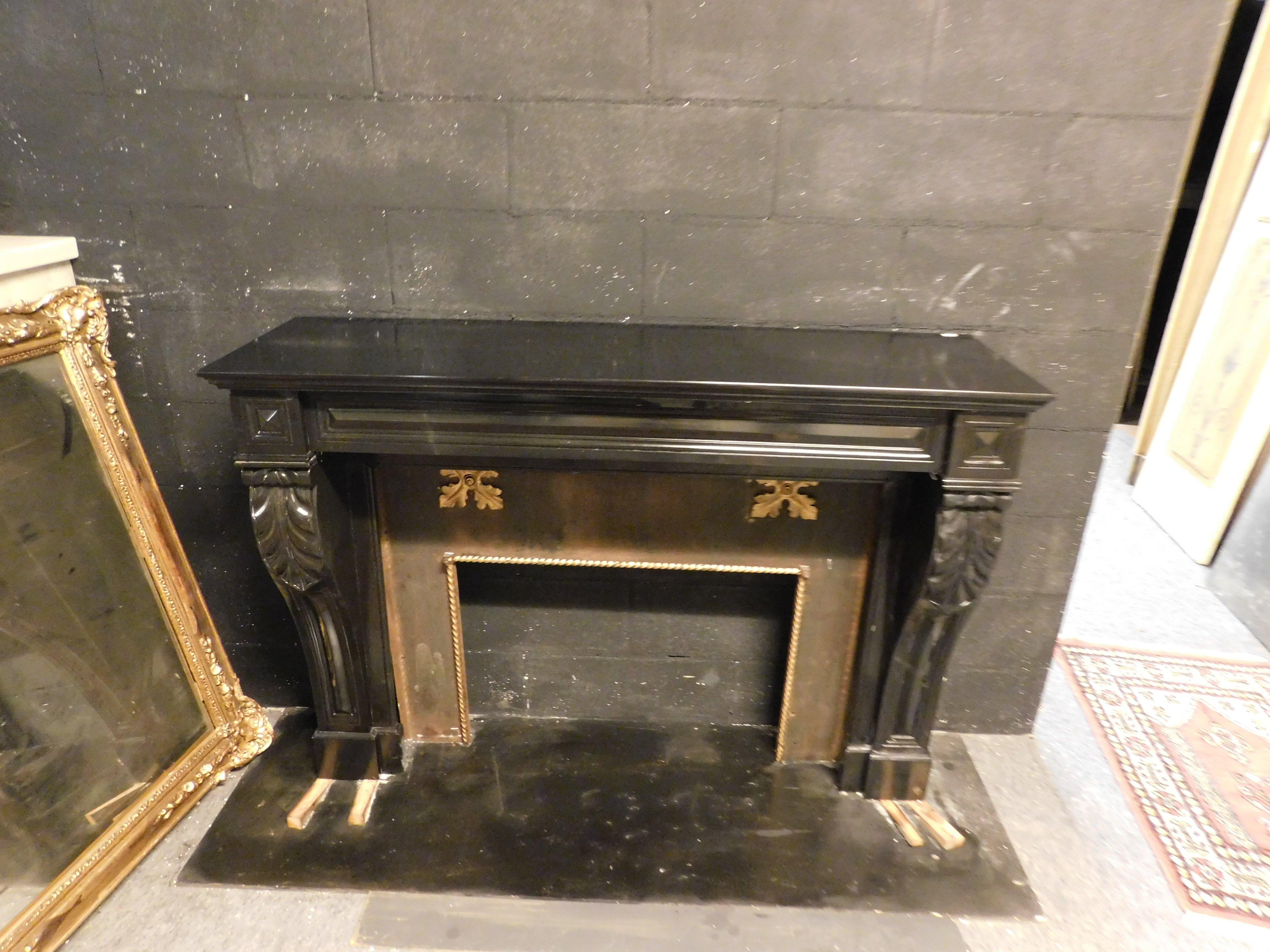 Belgian Black Marble Ancient Fireplace in Carved Black Marble, from the 19th Century, Italy For Sale