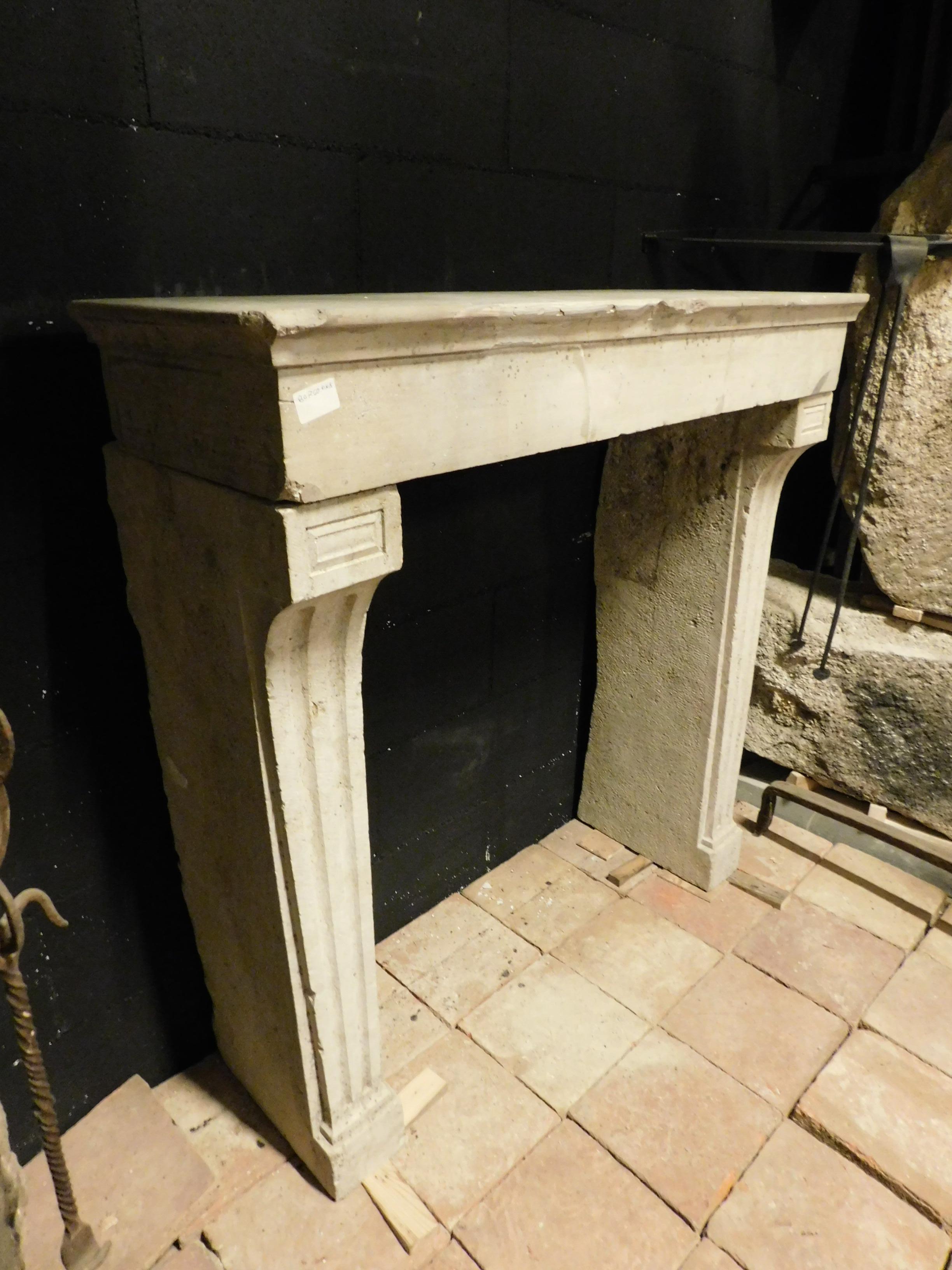 Hand-Carved Ancient Fireplace Mantel in Beige Burgundy Stone, 19th Century, France For Sale