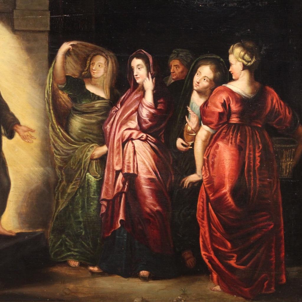 Belgian Ancient Flemish Religious Painting Holy Women at the Sepulchre, 17th Century For Sale