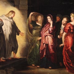 Ancient Flemish Religious Painting Holy Women at the Sepulchre, 17th Century