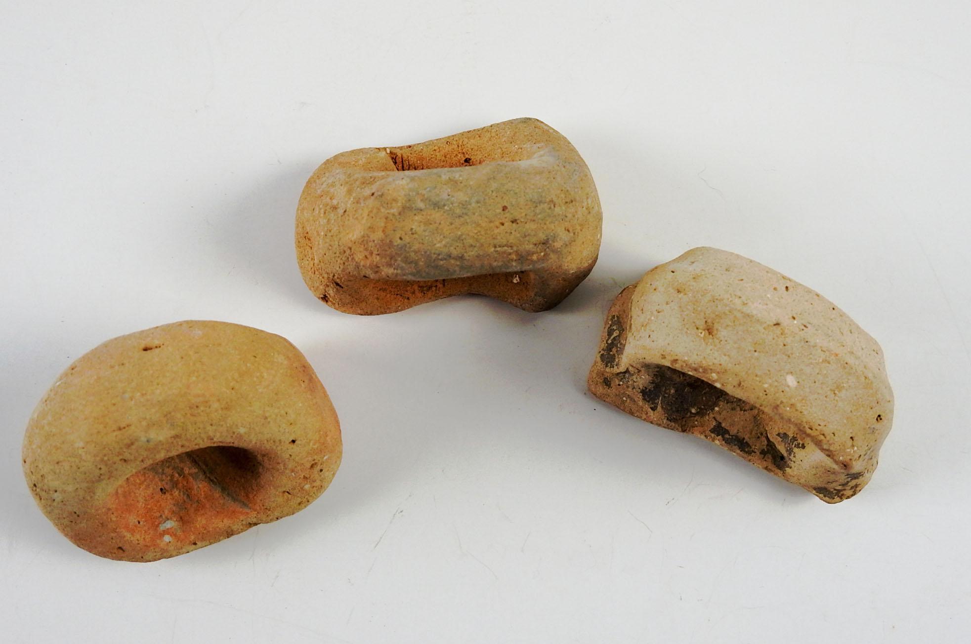 Group of 3 ancient Mediterranean terracotta pottery handle fragments . I have several sets of these, colors vary from brownish to reddish, size and overall wear will vary. Largest fragment is about 2