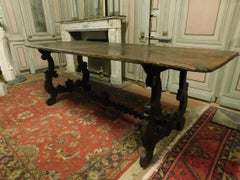 Ancient "Fratino" Chestnut Wood Table with Moved Legs, Dark Brown, Italy '700