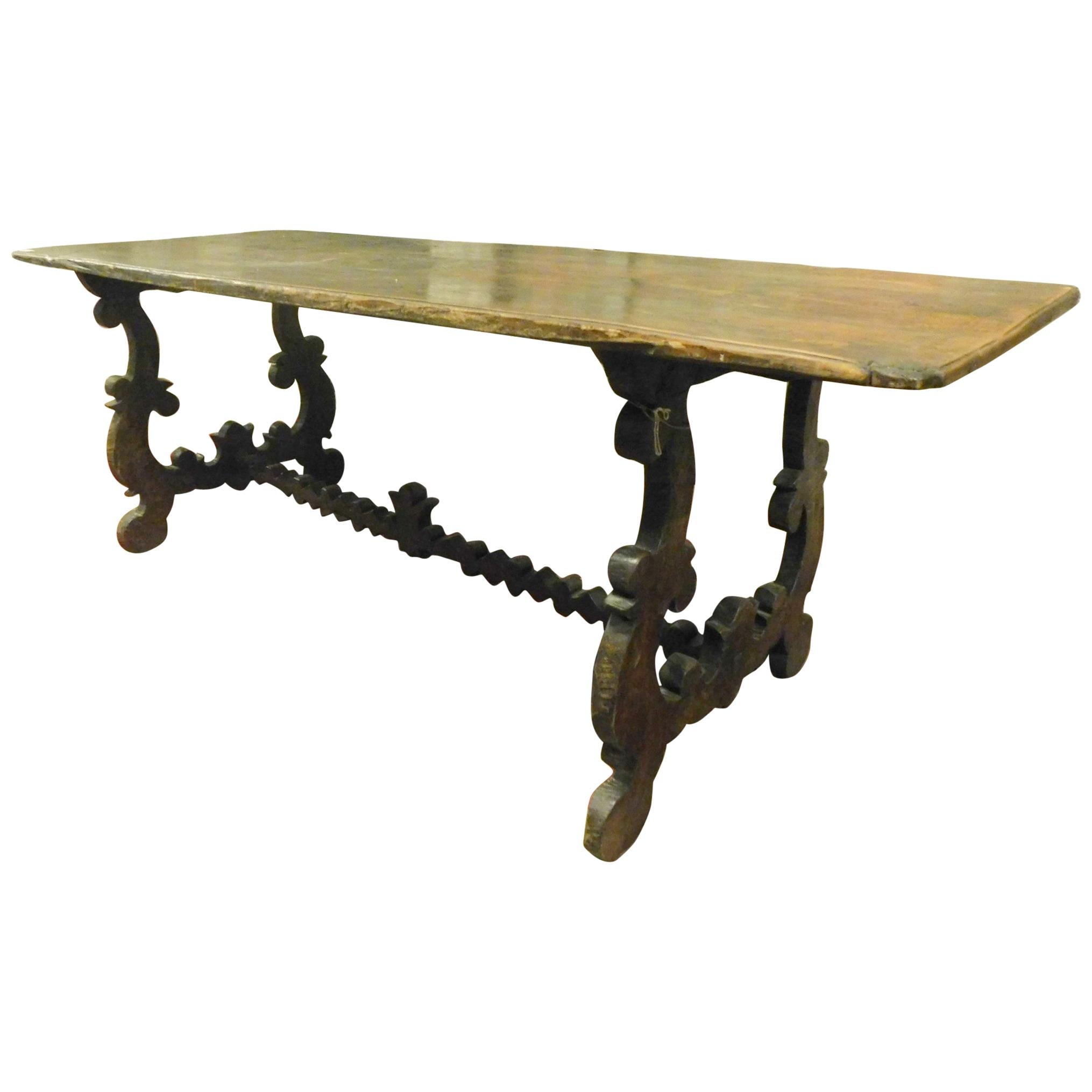 Ancient "Fratino" Chestnut Wood Table with Moved Legs, Dark Brown, Italy 
700