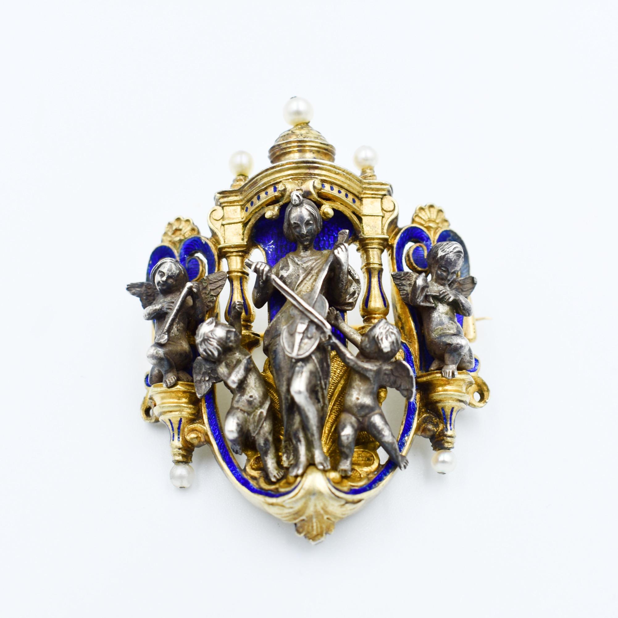 Renaissance Broche ancienne Froment-Meurice en or, argent, émail et perles
