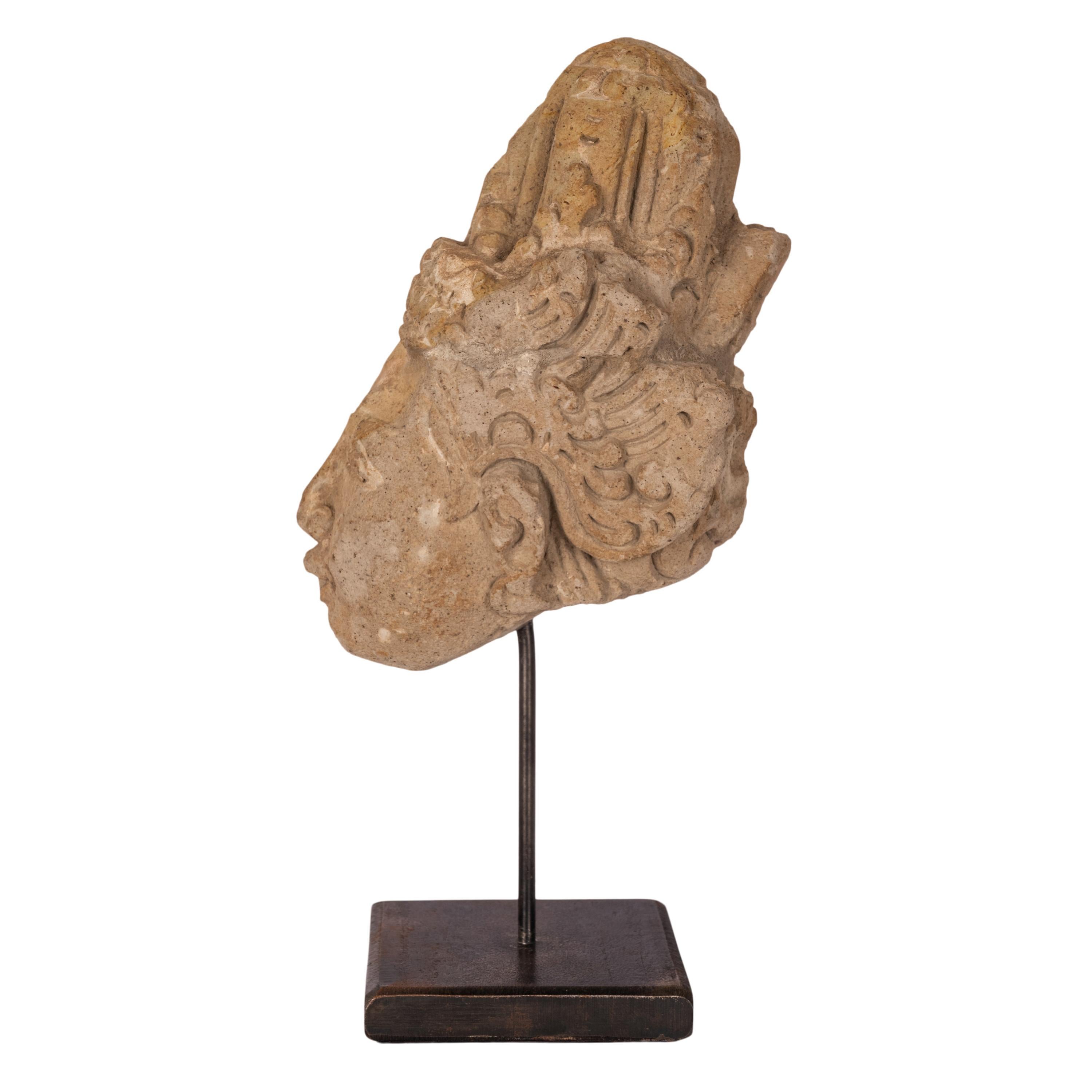 Archaistic Ancient Gandharan Carved Stucco Greco Buddhist Bodhisattva Head Bust 400-500 CE For Sale