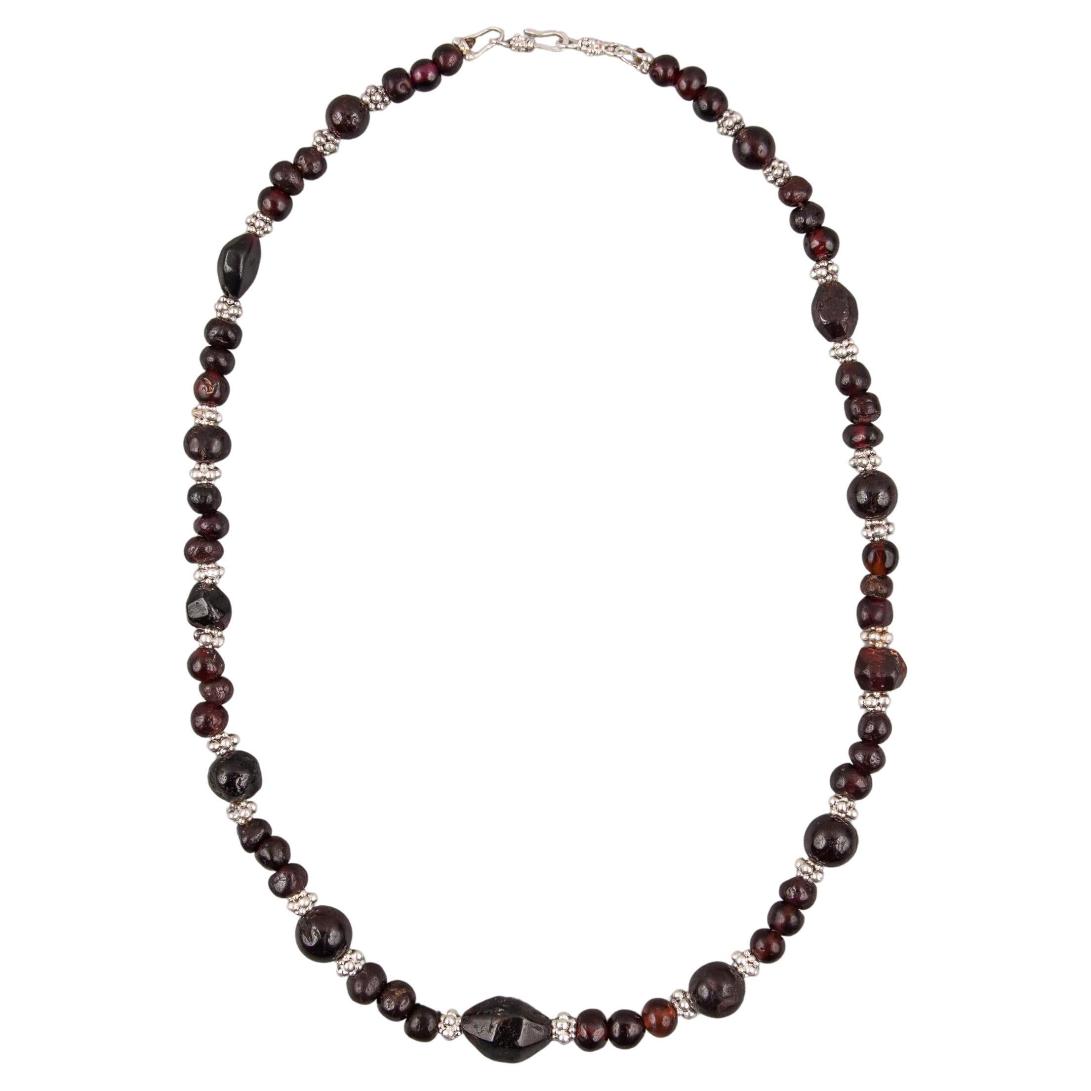 Ancient Garnet Bead Necklace with Fine Silver "Mulberry" Beads and Clasp