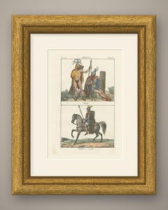 Ancient Germanic Militia and a Mounted Soldier, Hand Colored Lithograph, 1842