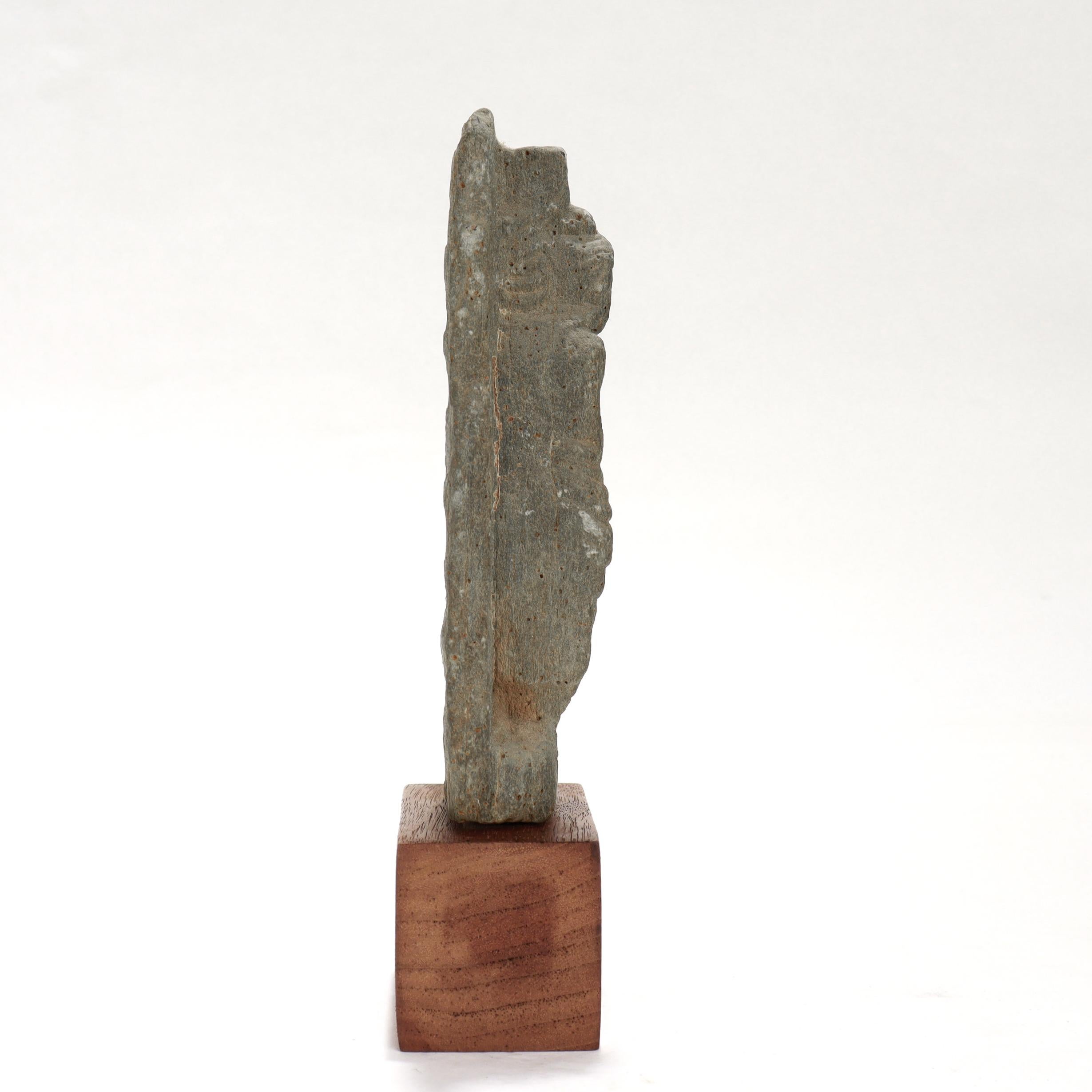 Ancient Ghandaran Green Schist Sculpture of the Buddha on a Wooden Plinth In Fair Condition For Sale In Philadelphia, PA