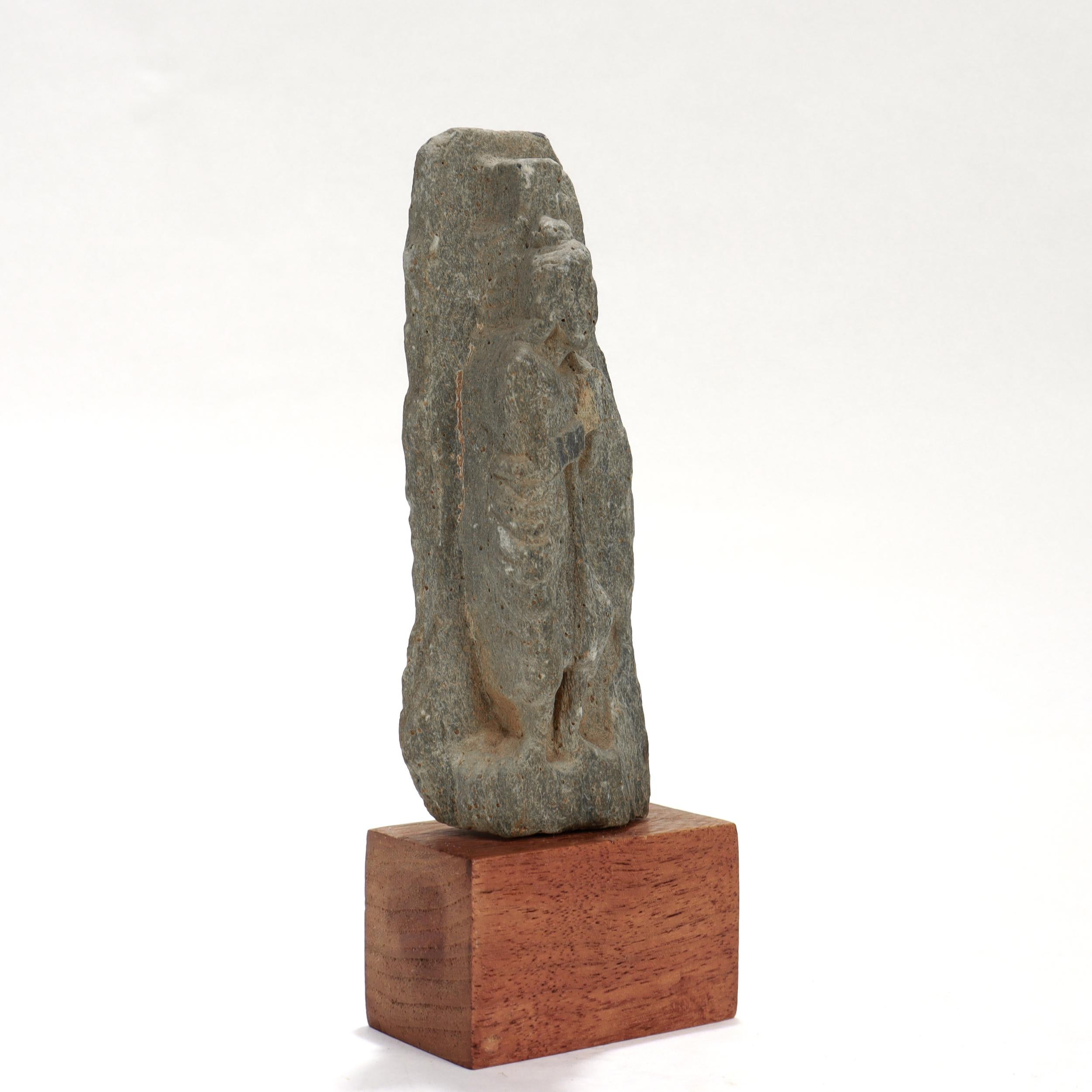18th Century and Earlier Ancient Ghandaran Green Schist Sculpture of the Buddha on a Wooden Plinth For Sale