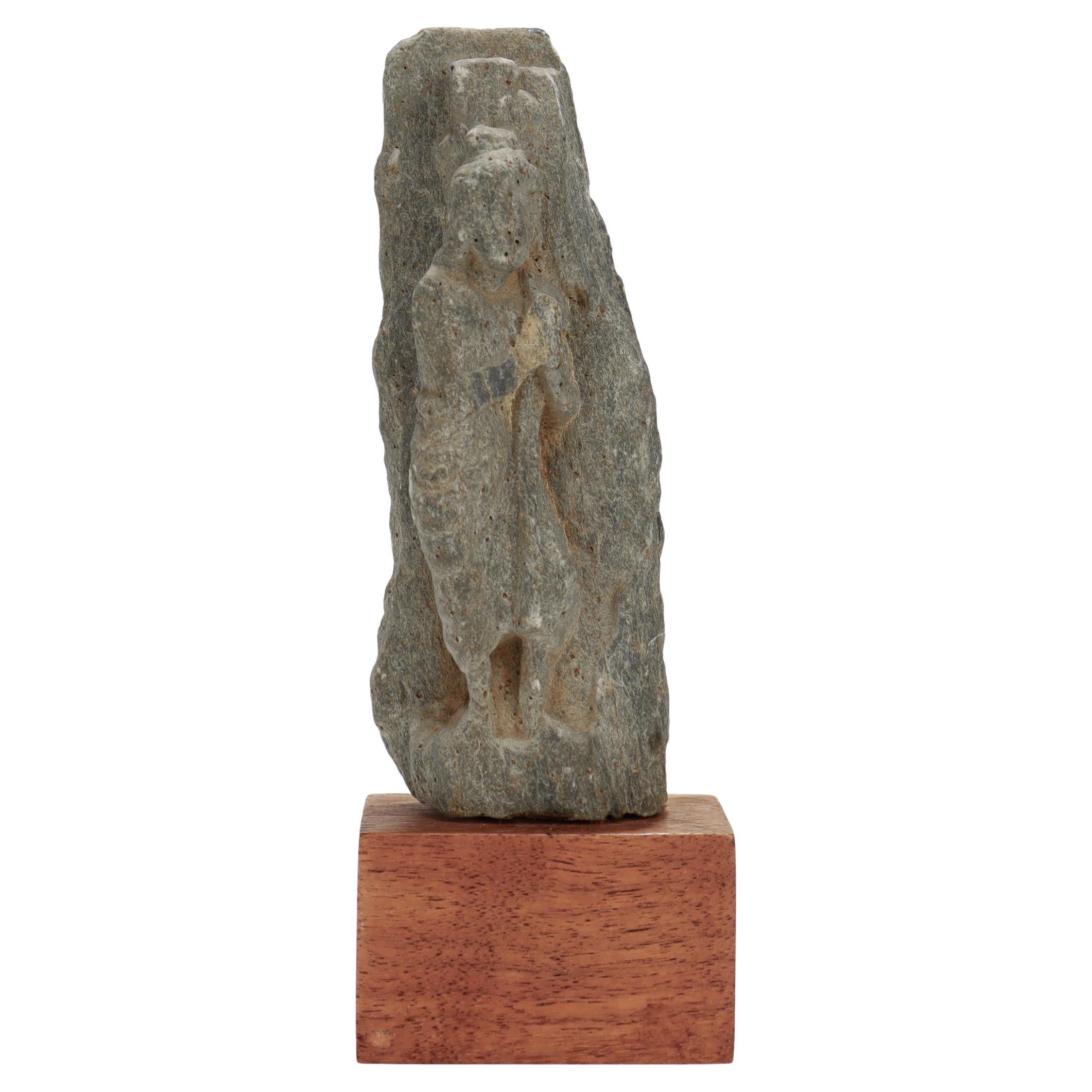 Ancient Ghandaran Green Schist Sculpture of the Buddha on a Wooden Plinth For Sale