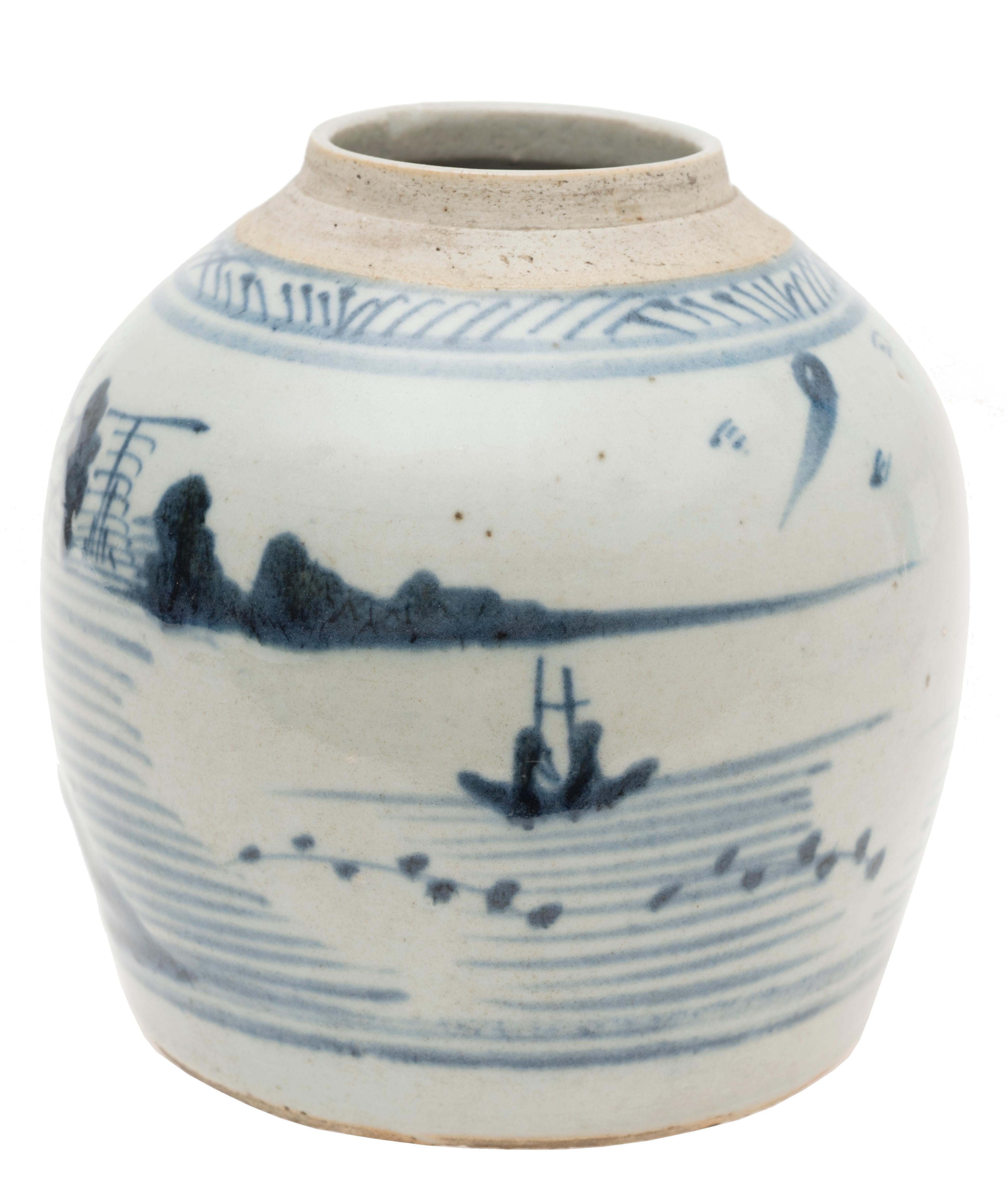 This Ginger Vase is an original decorative porcelain object realized in China by Chinese manufacture during the Ming dynasty, it was the ruling dynasty in China from 1368-1644.

Beautiful ginger pot decorated with blue landscapes on a white