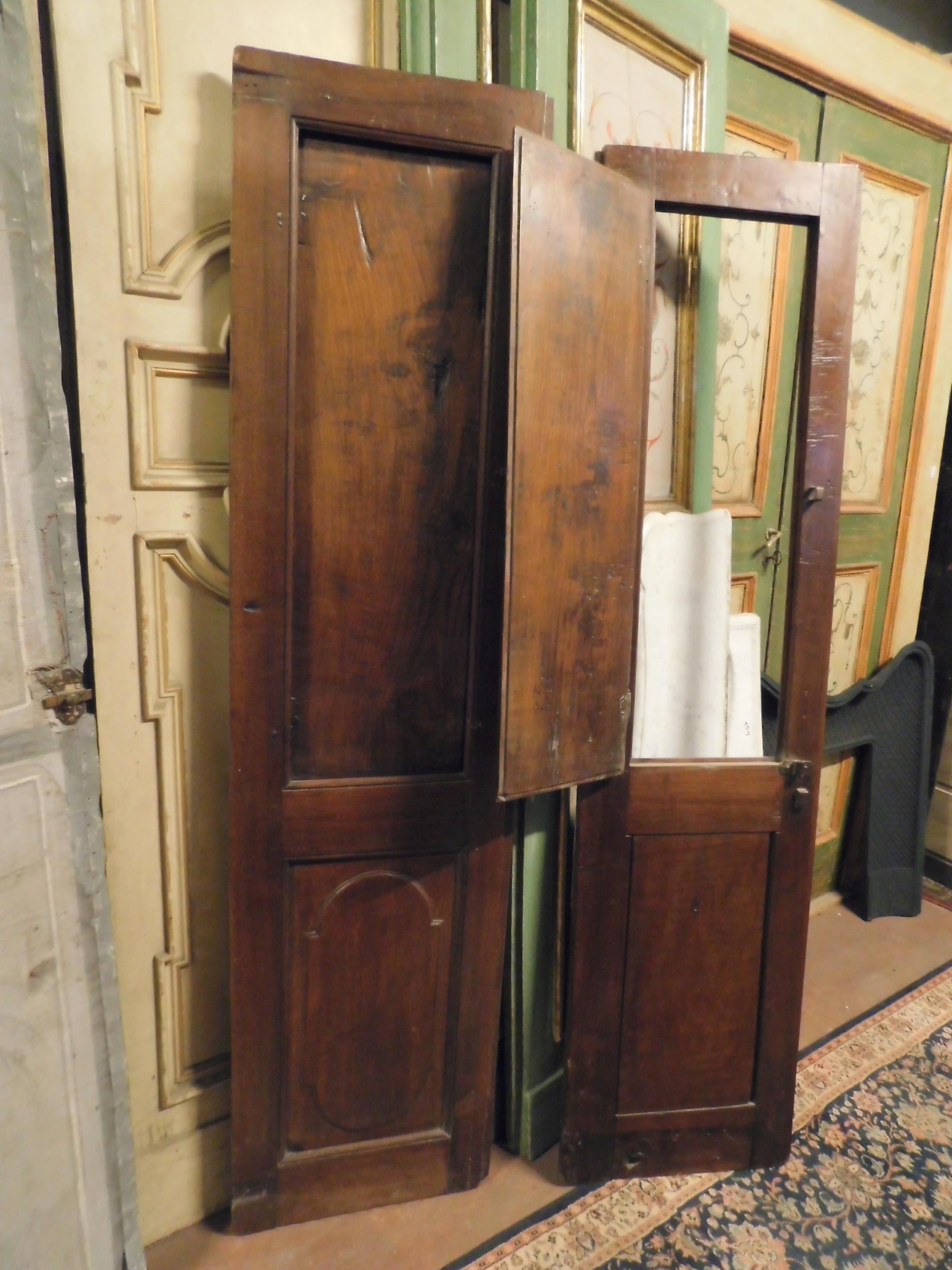 Hand-Carved Ancient Glass Door, Double Hinged Door in Walnut with Shutters, 1700, Italy