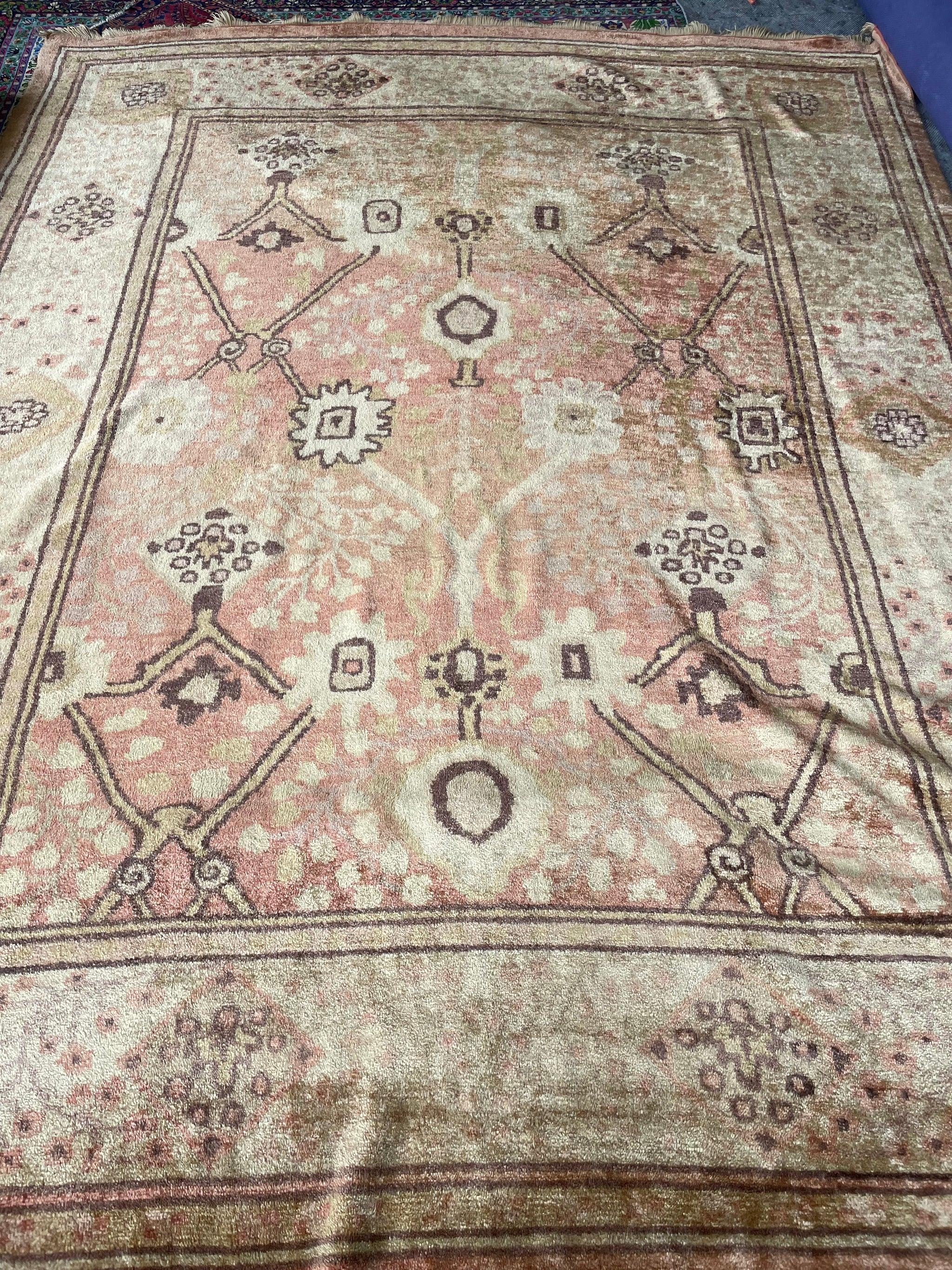 Glowing Vintage Oushak Rug  Ancient Design with Glossy Plush Wool in Salmon, Pink, Gold, Aubergine, Camel

This piece shifts hues from whatever side you look at it and how the light hits it, so just keep in mind the truest colors are on a sliding