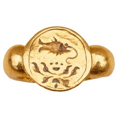 Antique Ancient Gold Javanese Ring 9th-10th Century Fish and Lotus Flower