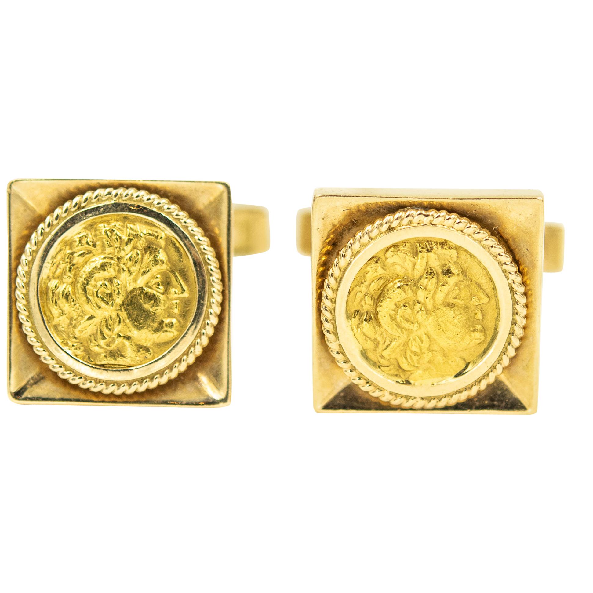 Ancient Grecian or Roman High Relief Profile Yellow Gold Square Cufflinks For Sale