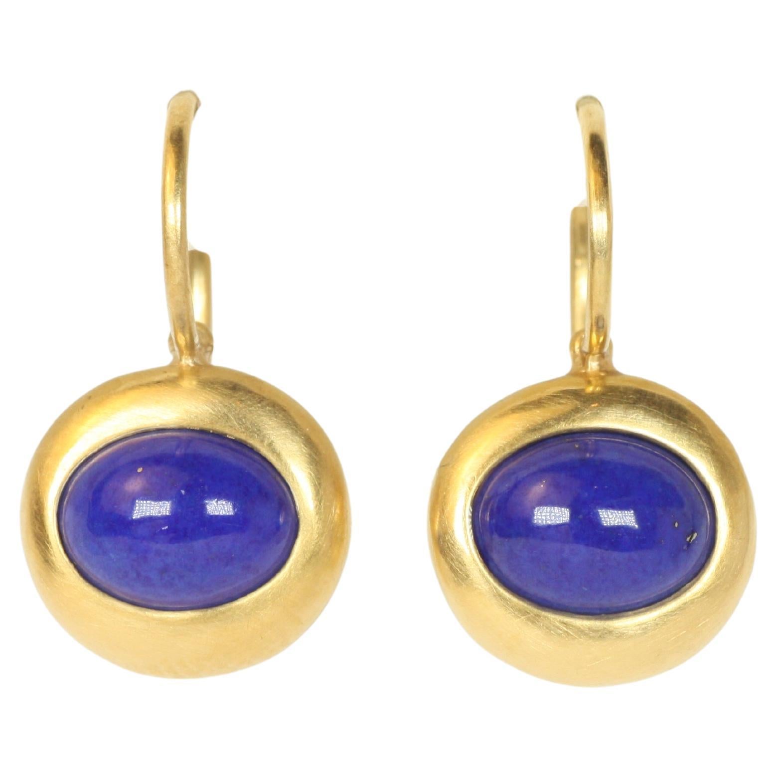 Ancient Greco Drop Earrings with Blue Lapis Stone in 22K Yellow Gold Handmade