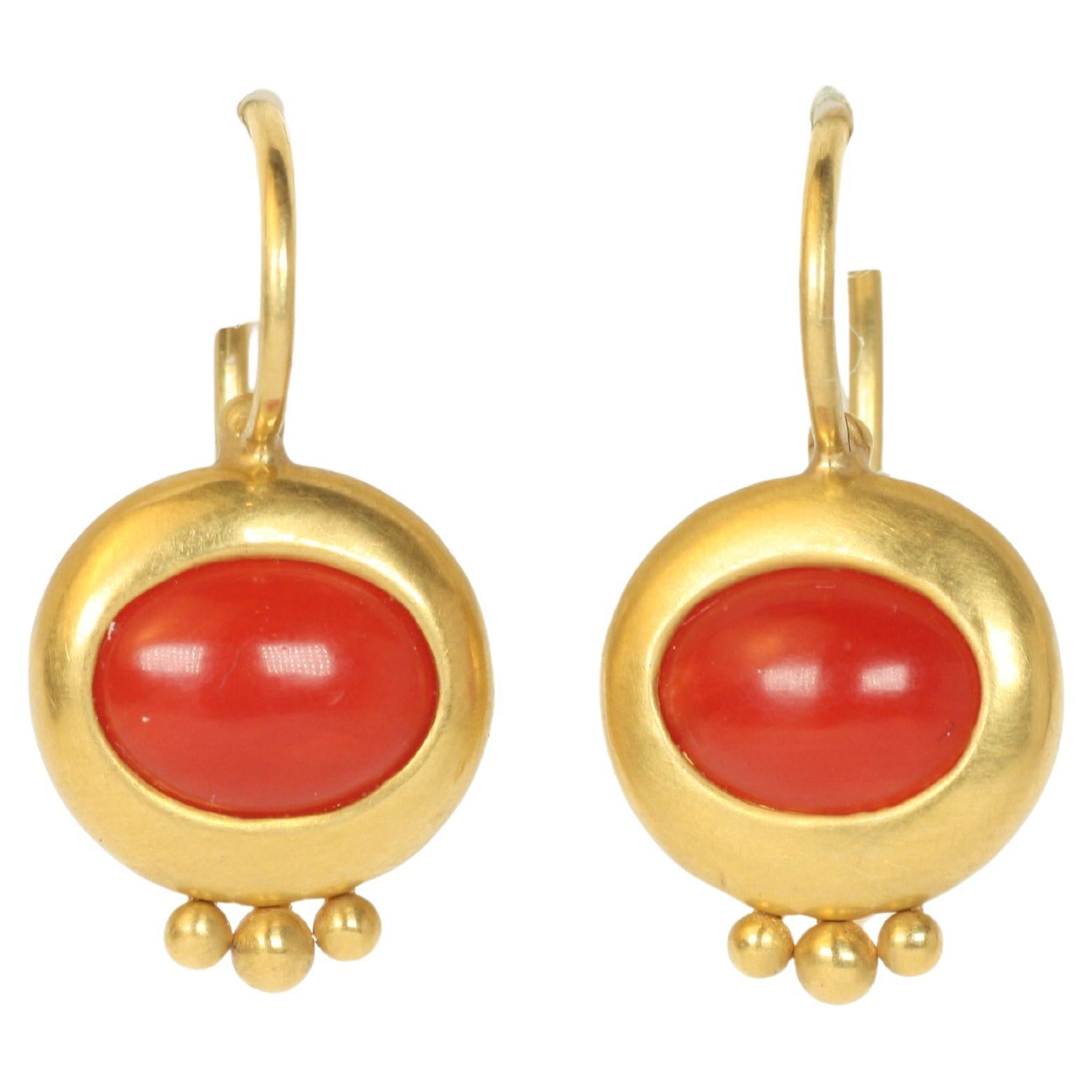 Ancient Greco Drop Earrings with Coral in 22K Yellow Gold by Bracken Jewelers